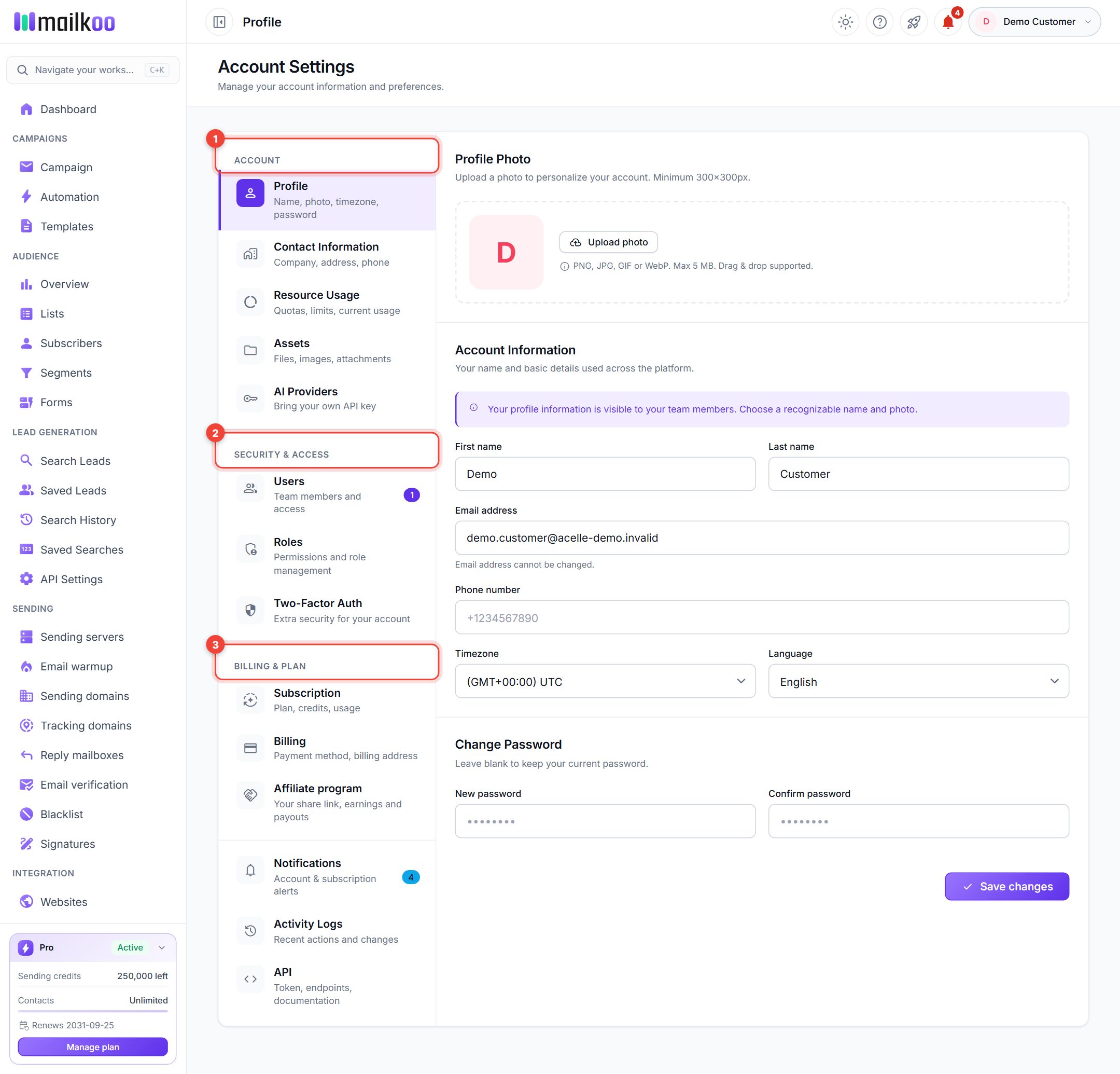 Account Settings with the Account, Security & Access and Billing & Plan groups of the menu numbered 1 to 3