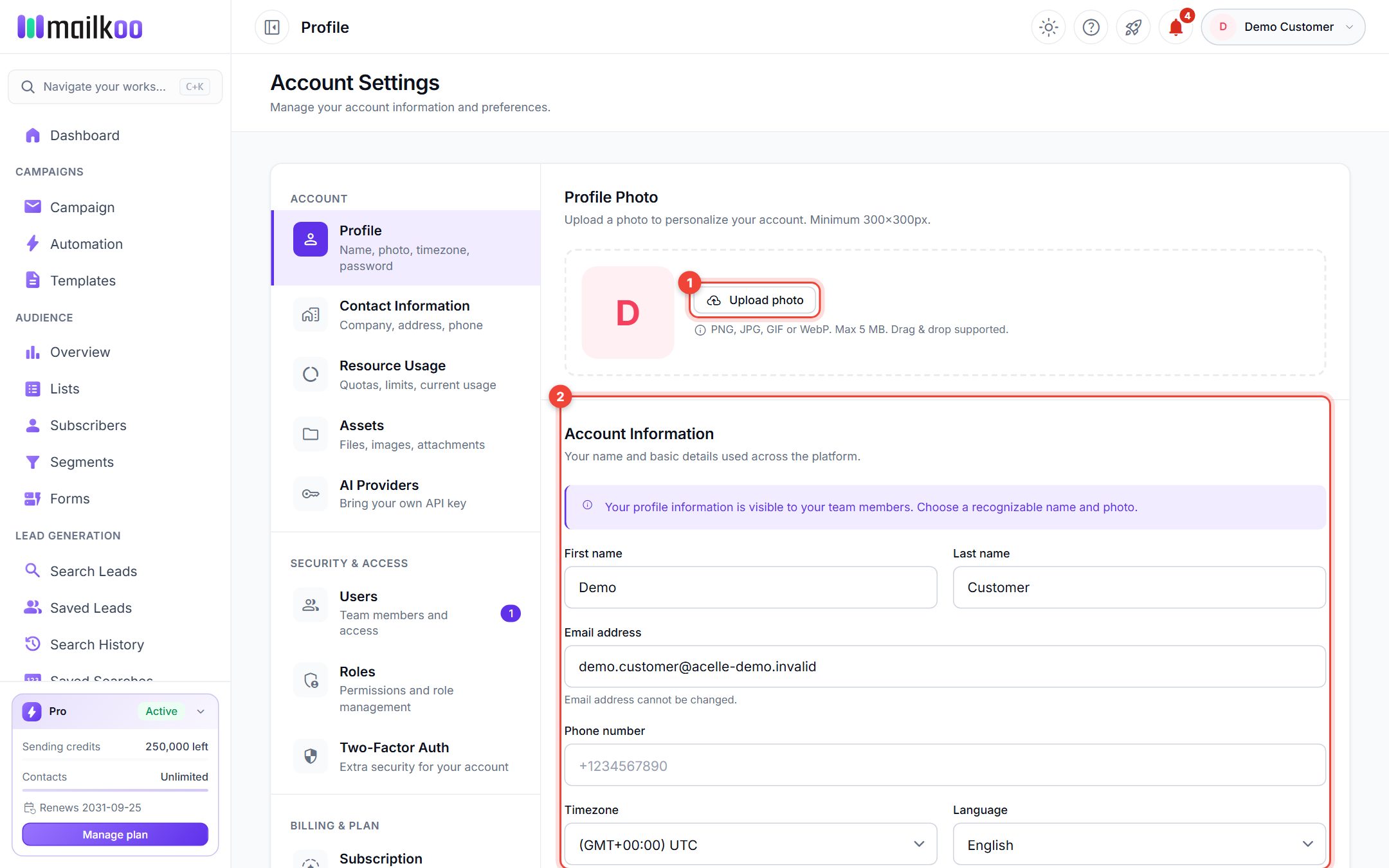 The Profile page with the Upload photo button and the Account Information section highlighted