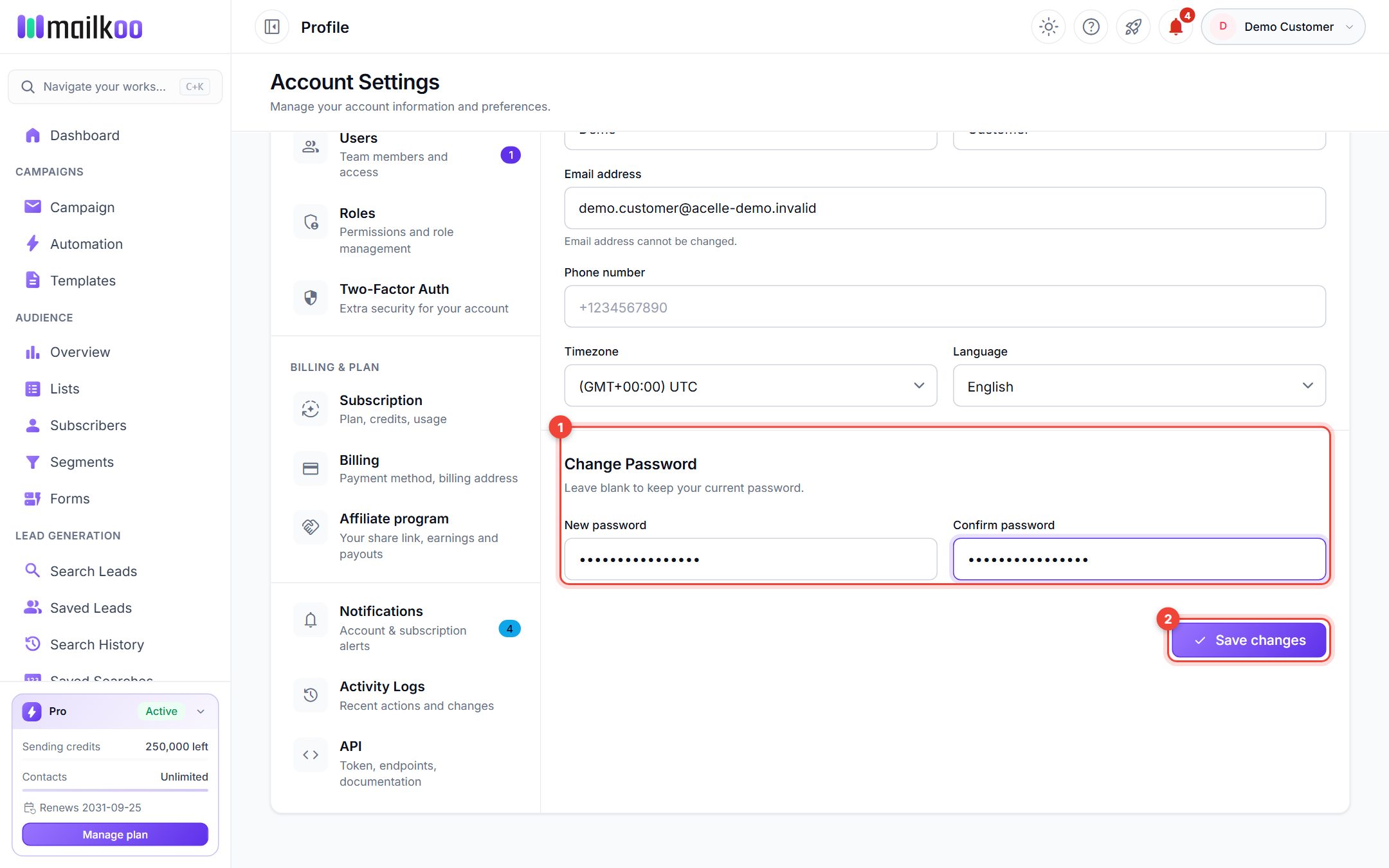 The Change Password section filled in, with the Save changes button highlighted