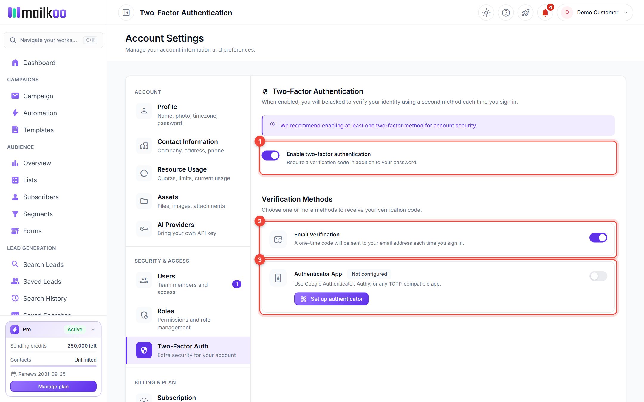 The Two-Factor Authentication page with the main switch, Email Verification and Authenticator App numbered 1 to 3