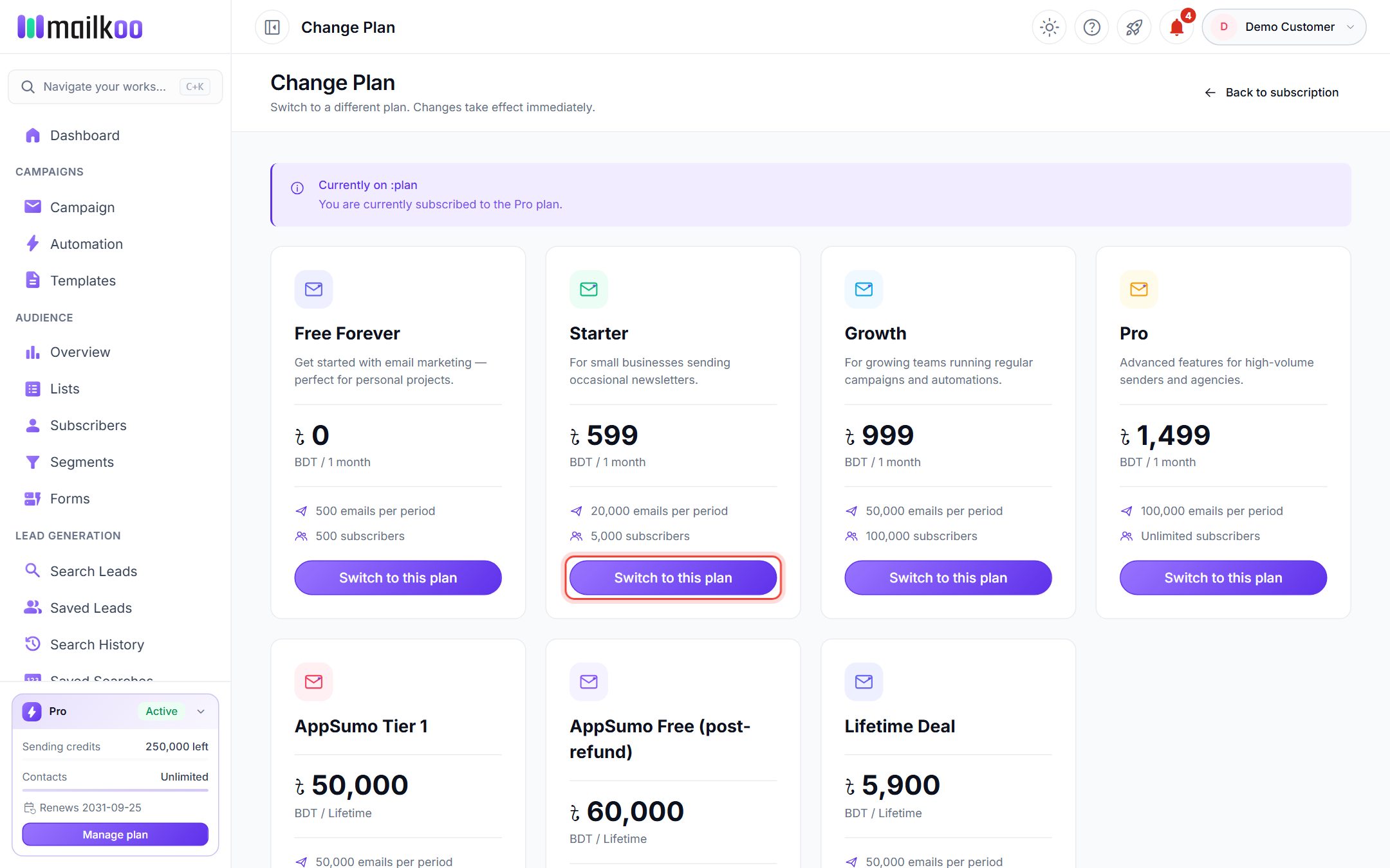 The Change Plan page with the Switch to this plan button of the Starter plan highlighted