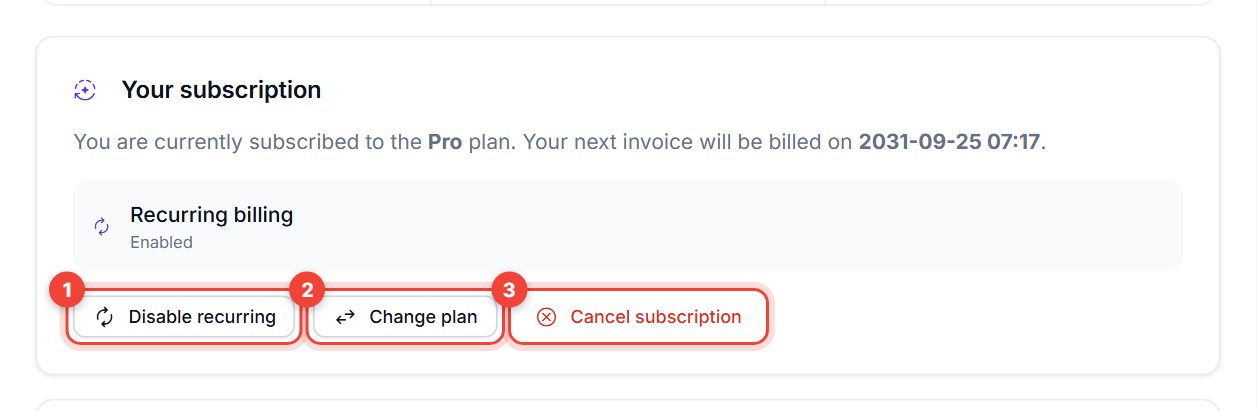The Disable recurring, Change plan and Cancel subscription buttons numbered 1 to 3