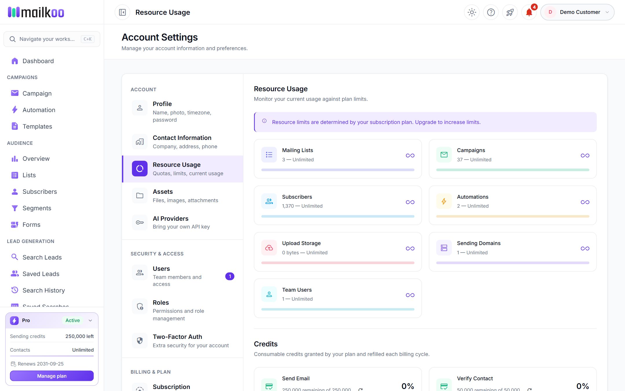 The Resource Usage page with a card for each plan limit