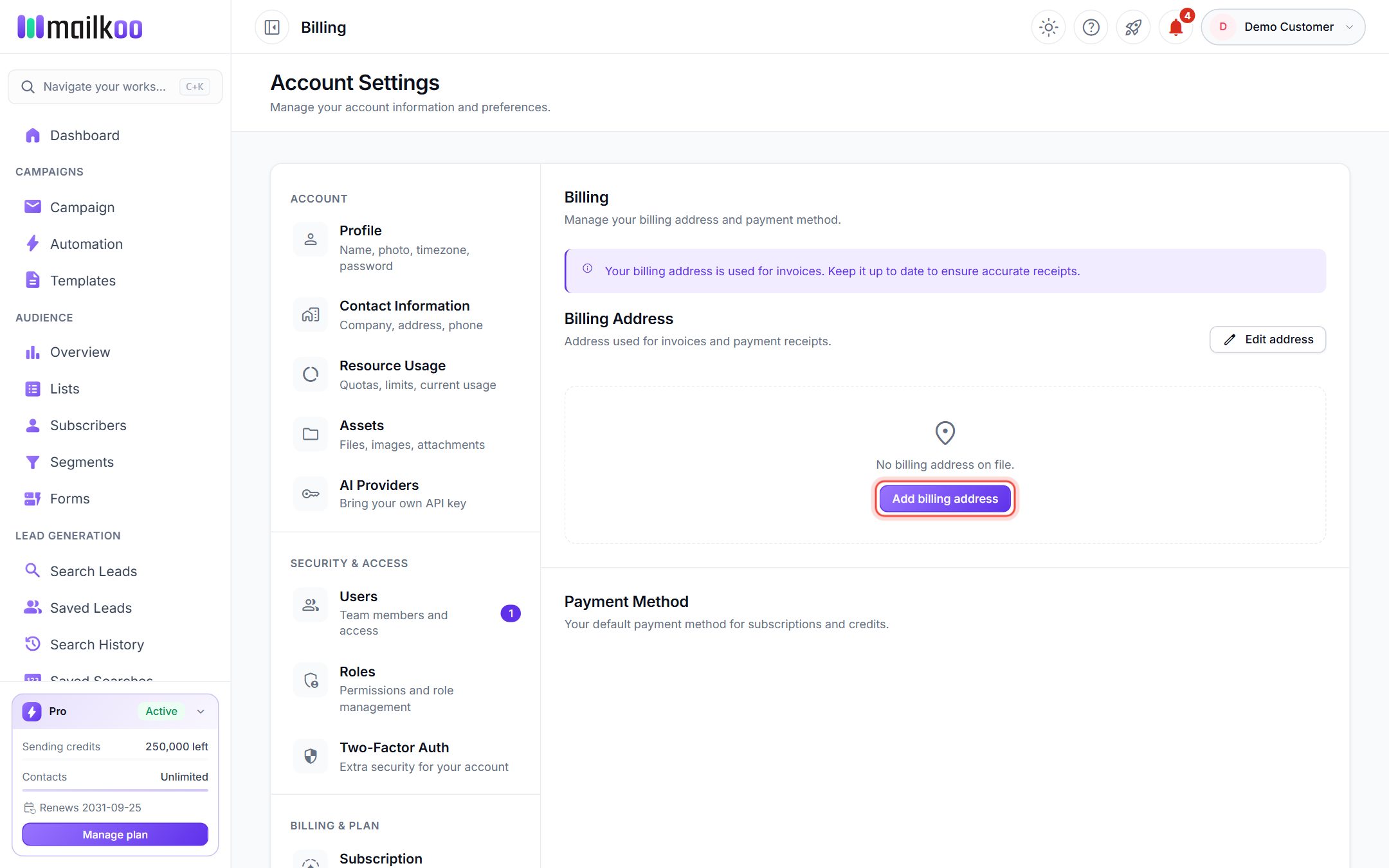 The Billing page with the Add billing address button highlighted