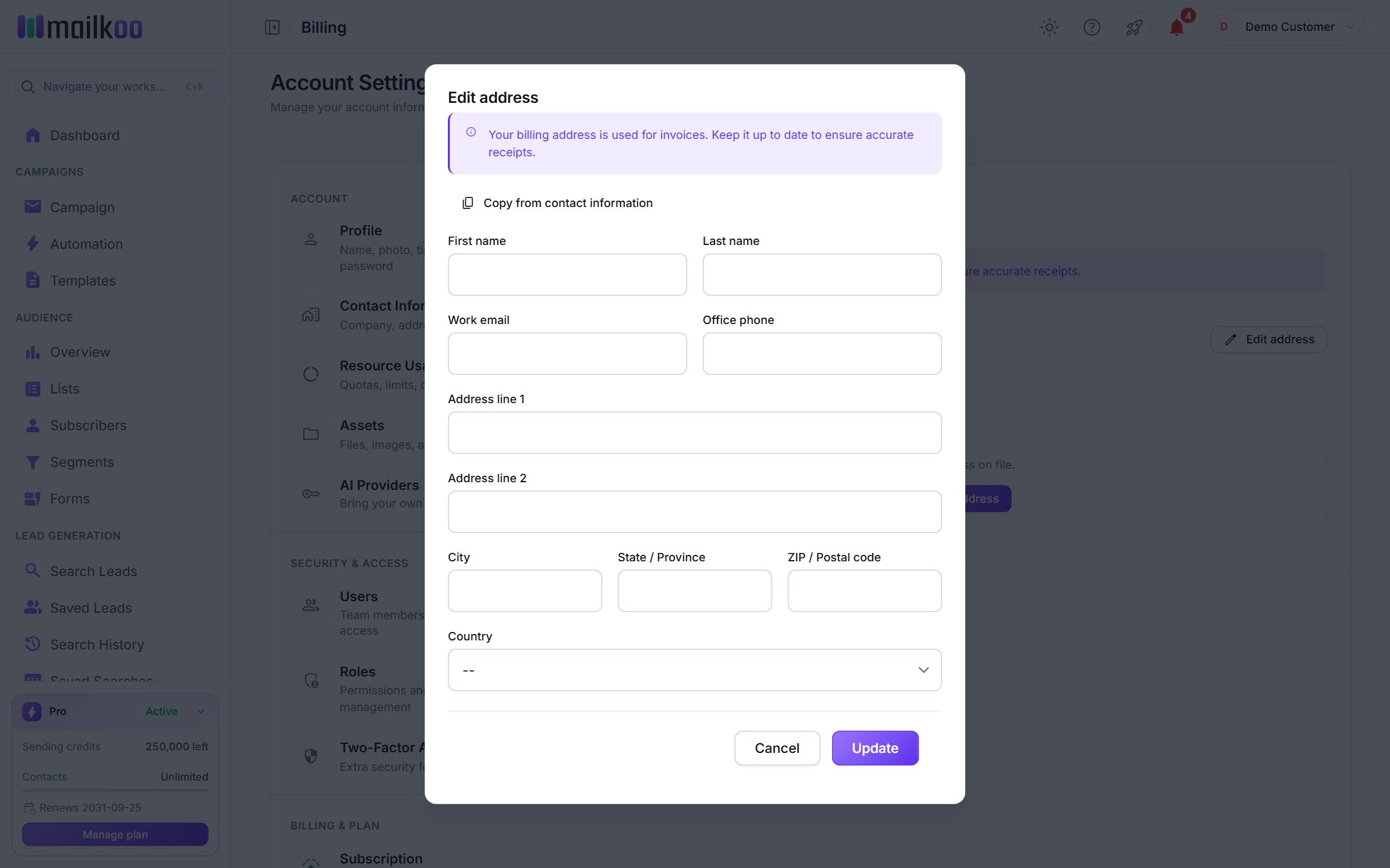 The Edit address window with the billing address fields and the Update button