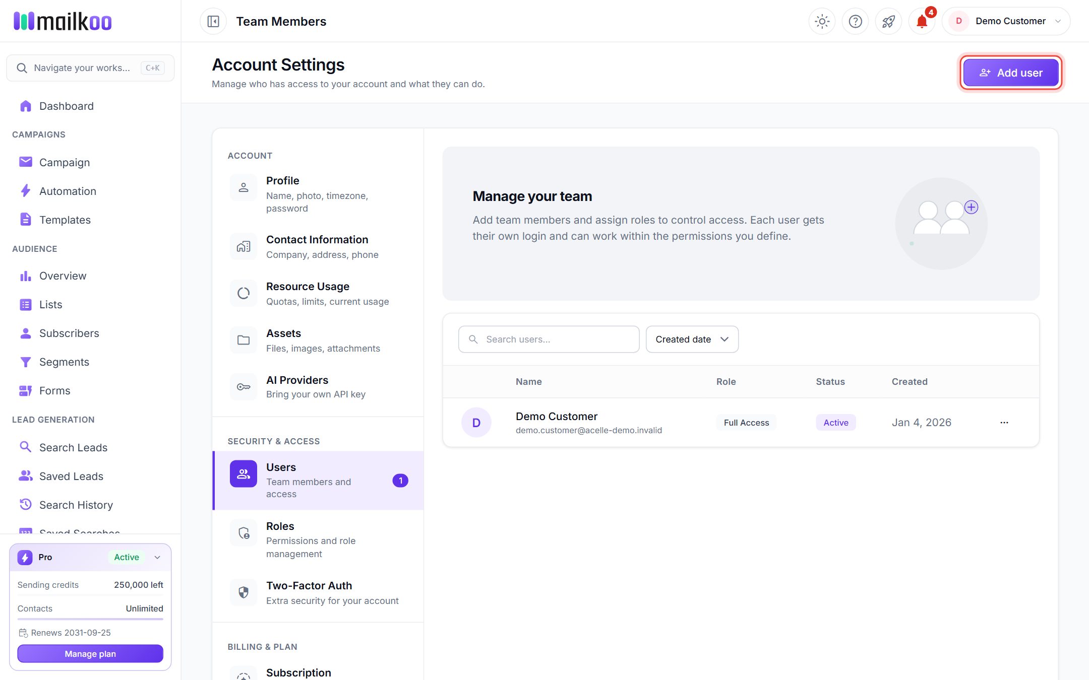 The team members list with the Add user button highlighted