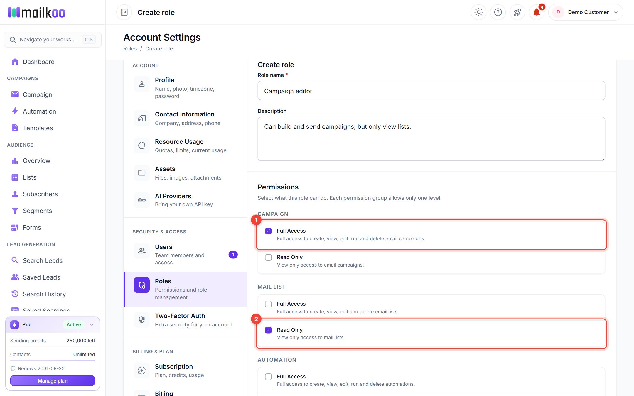 The Create role form with Campaign Full Access and Mail List Read Only ticked