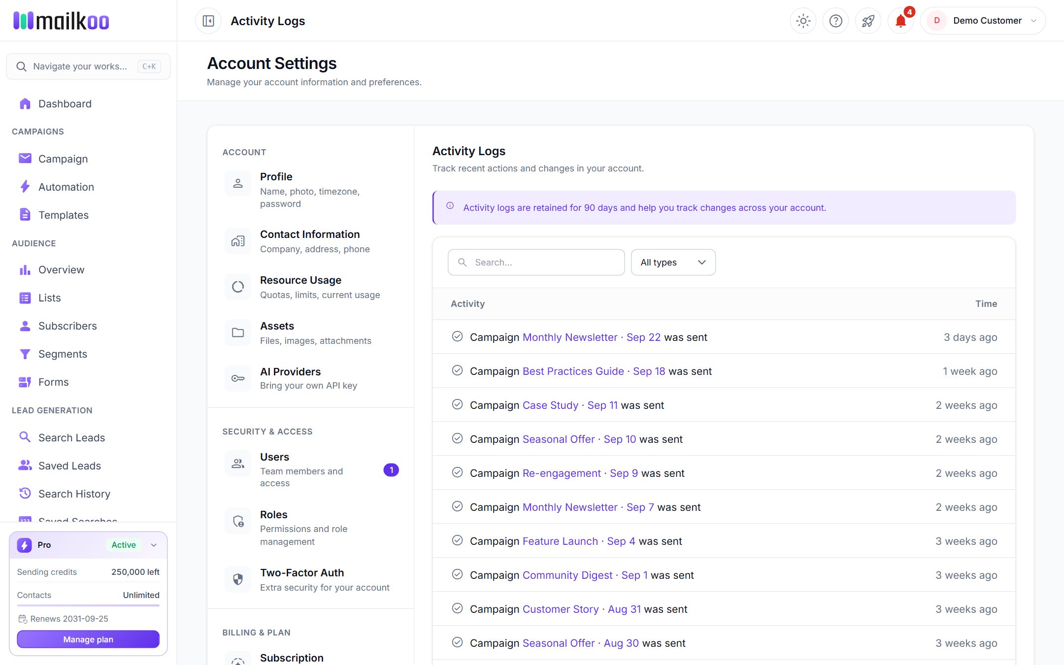 The Activity Logs page with a list of sent campaigns