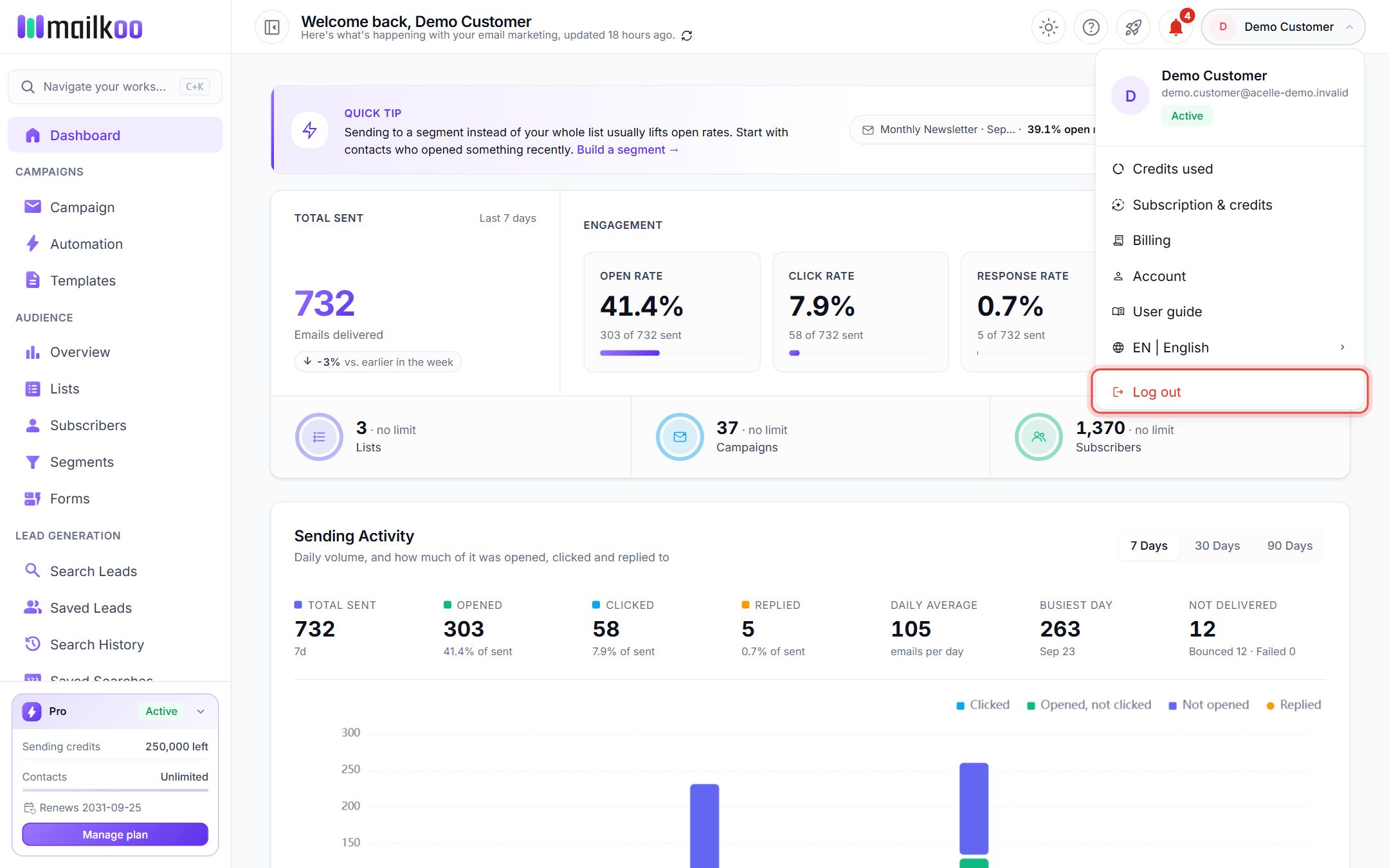 The account menu with Log out highlighted