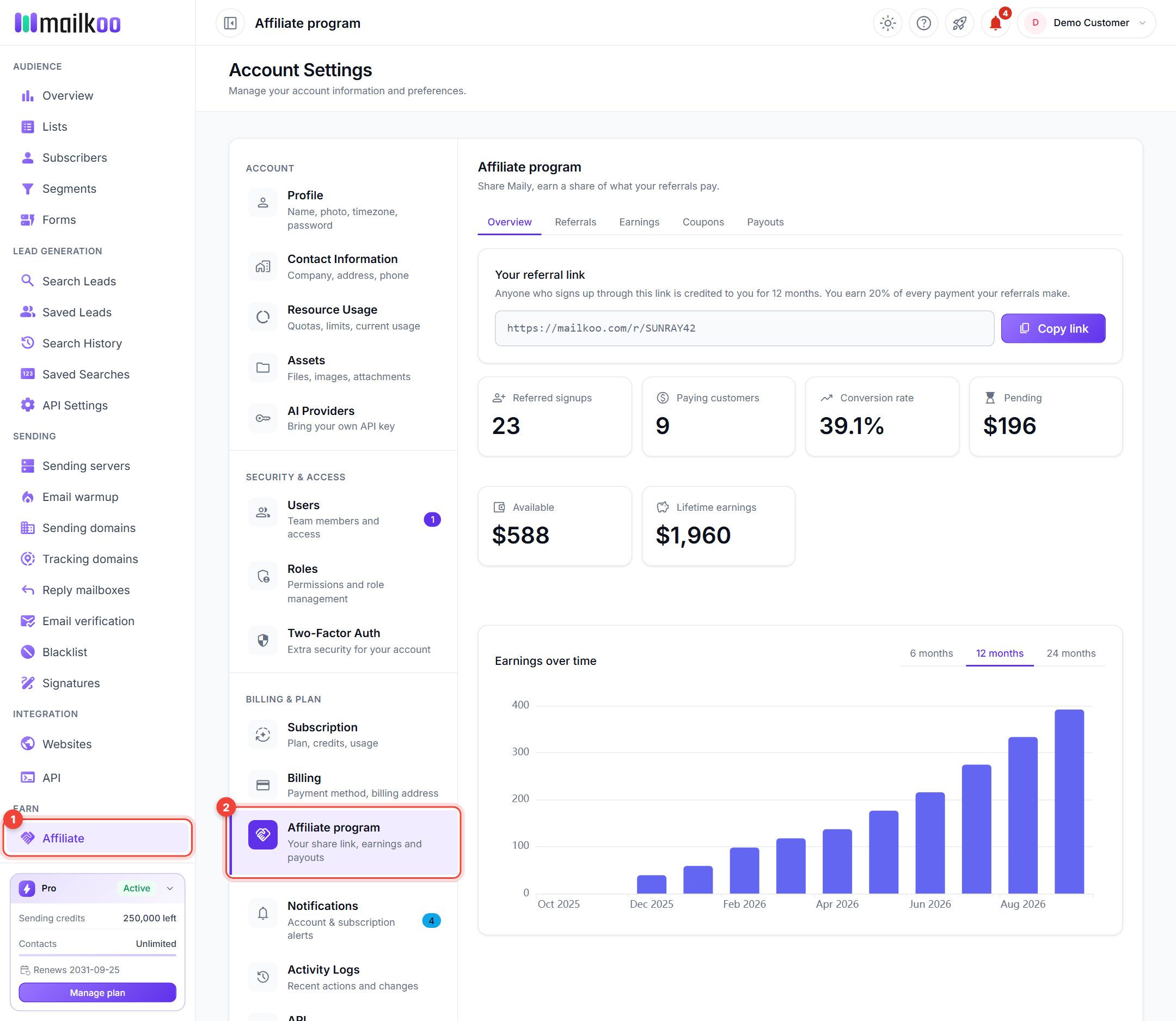 Affiliate overview with Affiliate highlighted in the sidebar and Affiliate program highlighted in the settings menu