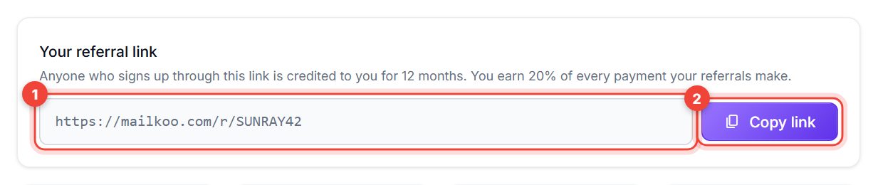 Your referral link card with the link field and the Copy link button numbered