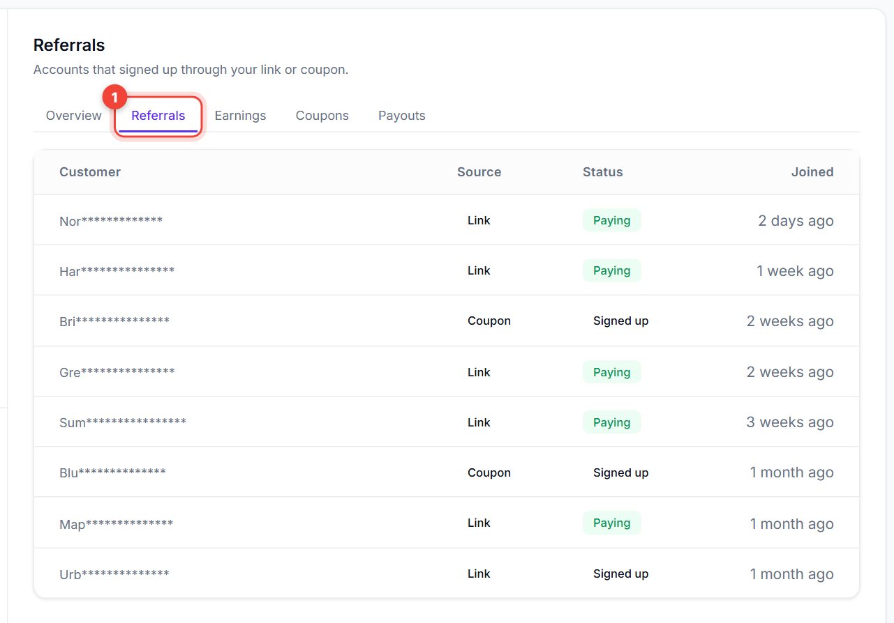 Referrals tab listing masked customer names with source, status and join date