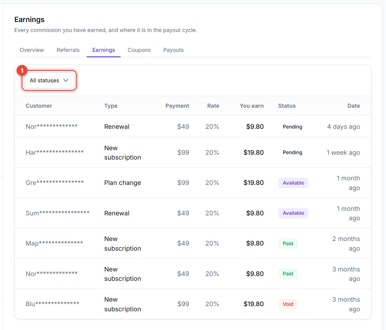 Earnings tab with the status filter highlighted and commissions in different statuses
