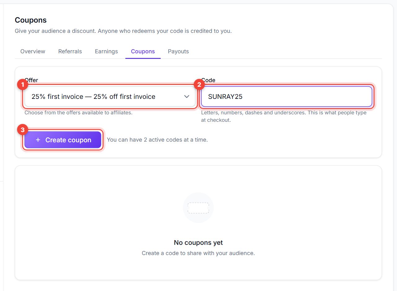 Coupons tab with the Offer, Code and Create coupon controls numbered