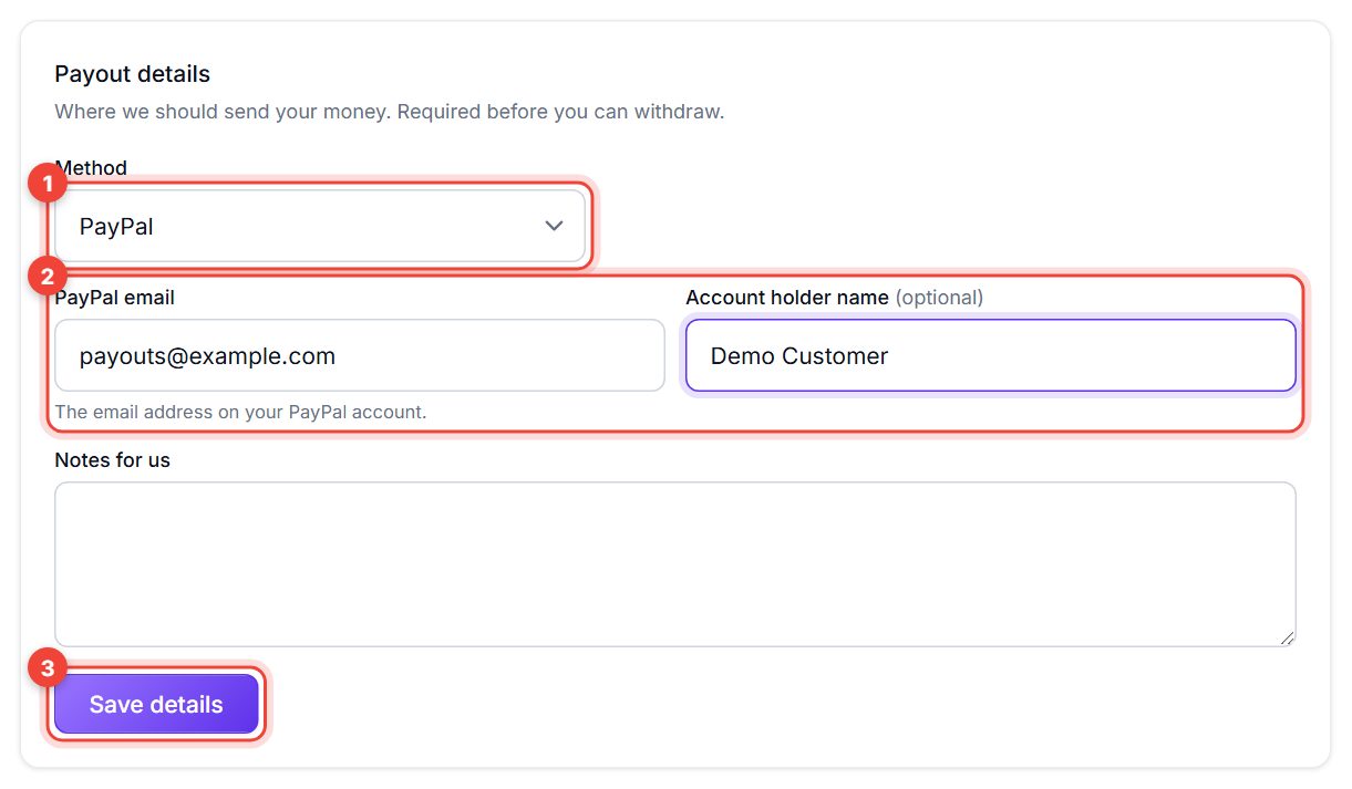 Payout details form with Method, PayPal fields and Save details numbered