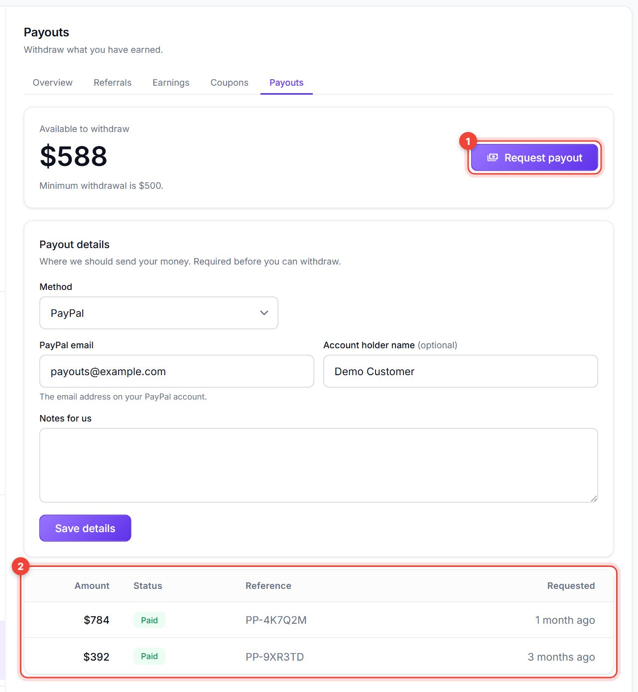 Payouts tab with Request payout and the payout history numbered