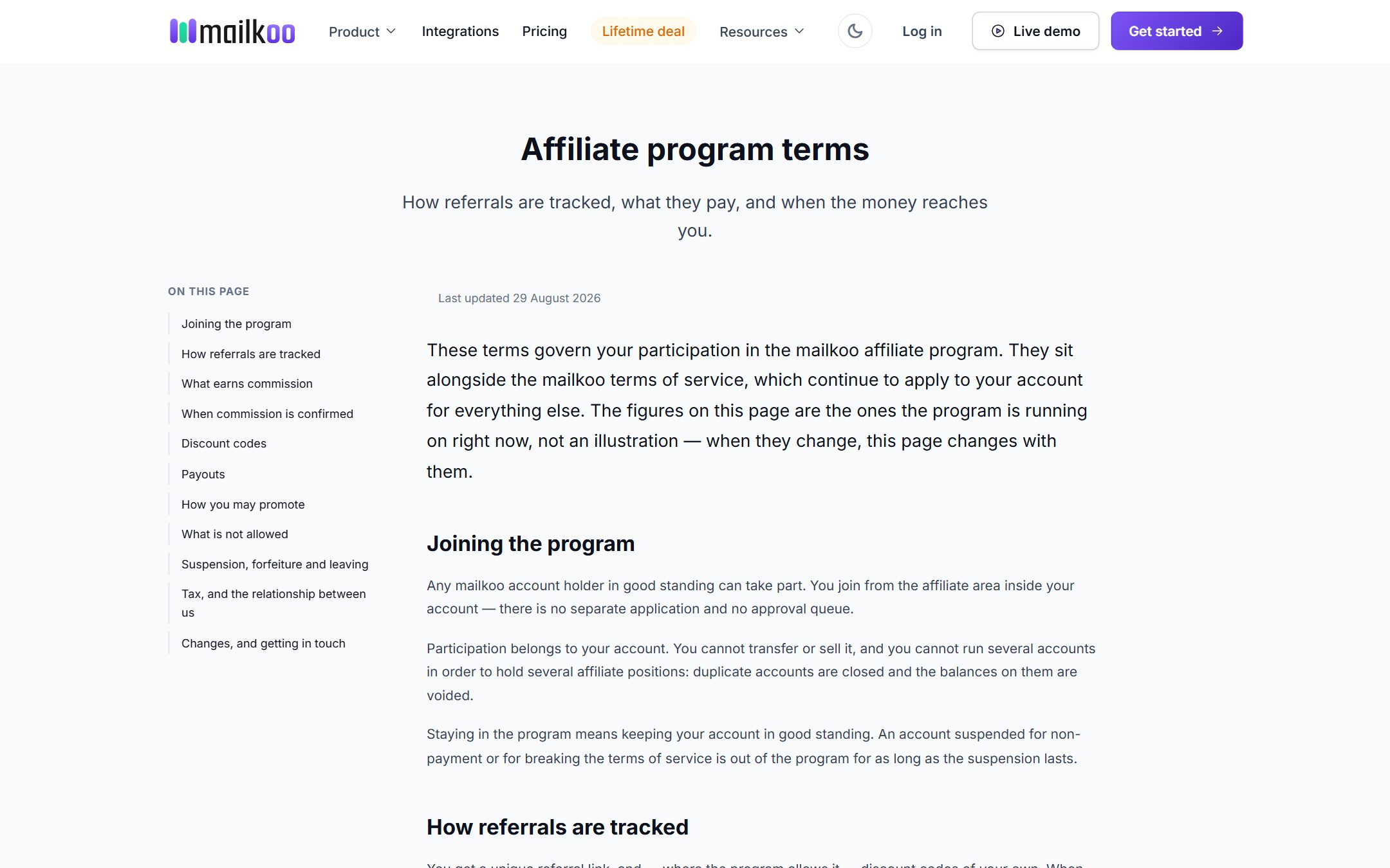 Affiliate program terms page with its table of contents