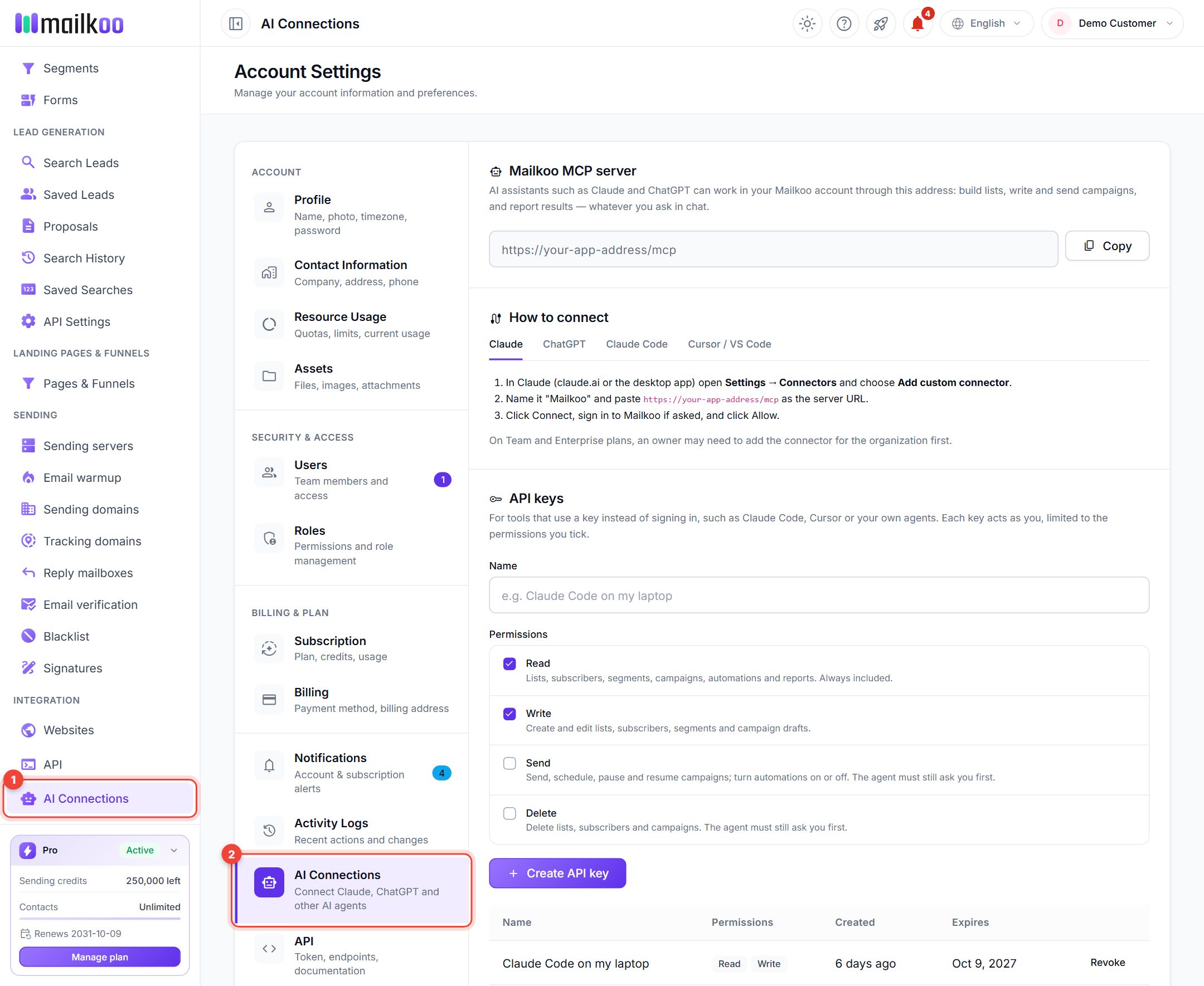 AI Connections page with the sidebar item and the account settings item highlighted