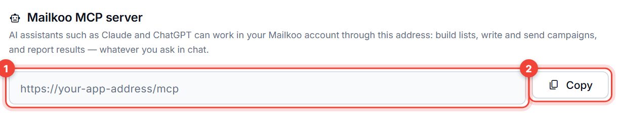 Mailkoo MCP server section with the server address and the Copy button highlighted
