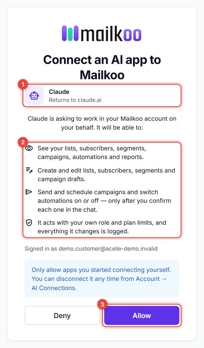 Connect an AI app to Mailkoo page for Claude, with the app, the list of permissions and the Allow button highlighted