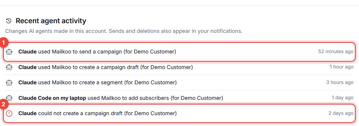 Recent agent activity list with a sent campaign and a failed attempt highlighted