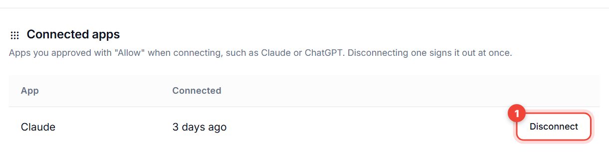 Connected apps table with Claude and its Disconnect button highlighted