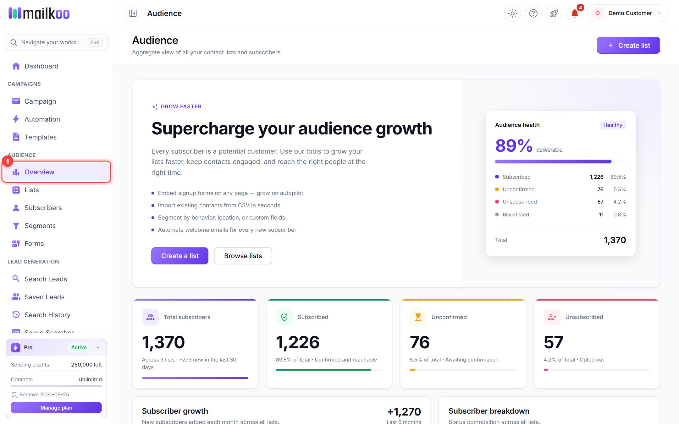 Audience overview page with the Overview item highlighted in the sidebar