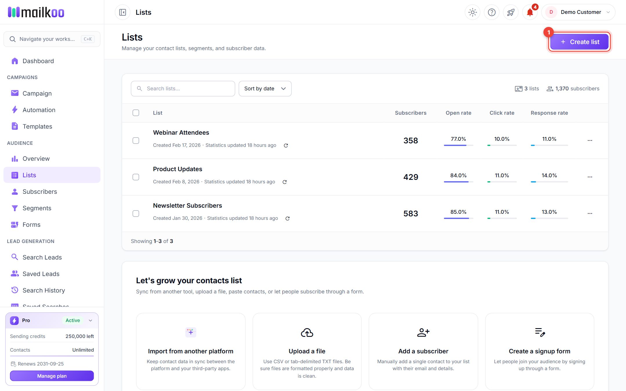 Lists page with the Create list button highlighted