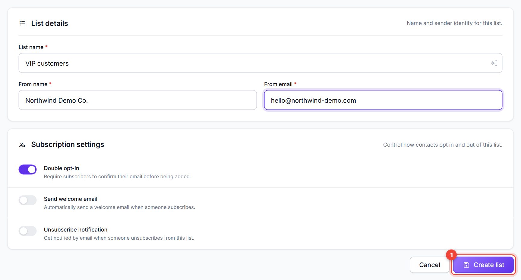 Create list form with List name, From name, From email and Subscription settings