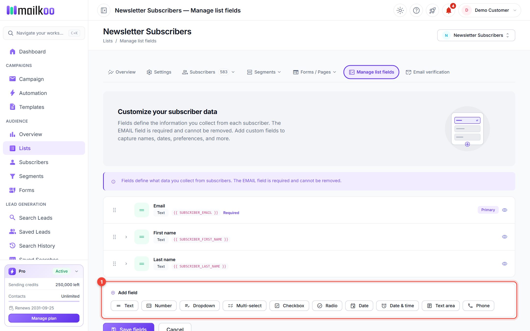 Manage list fields page with the Add field buttons highlighted