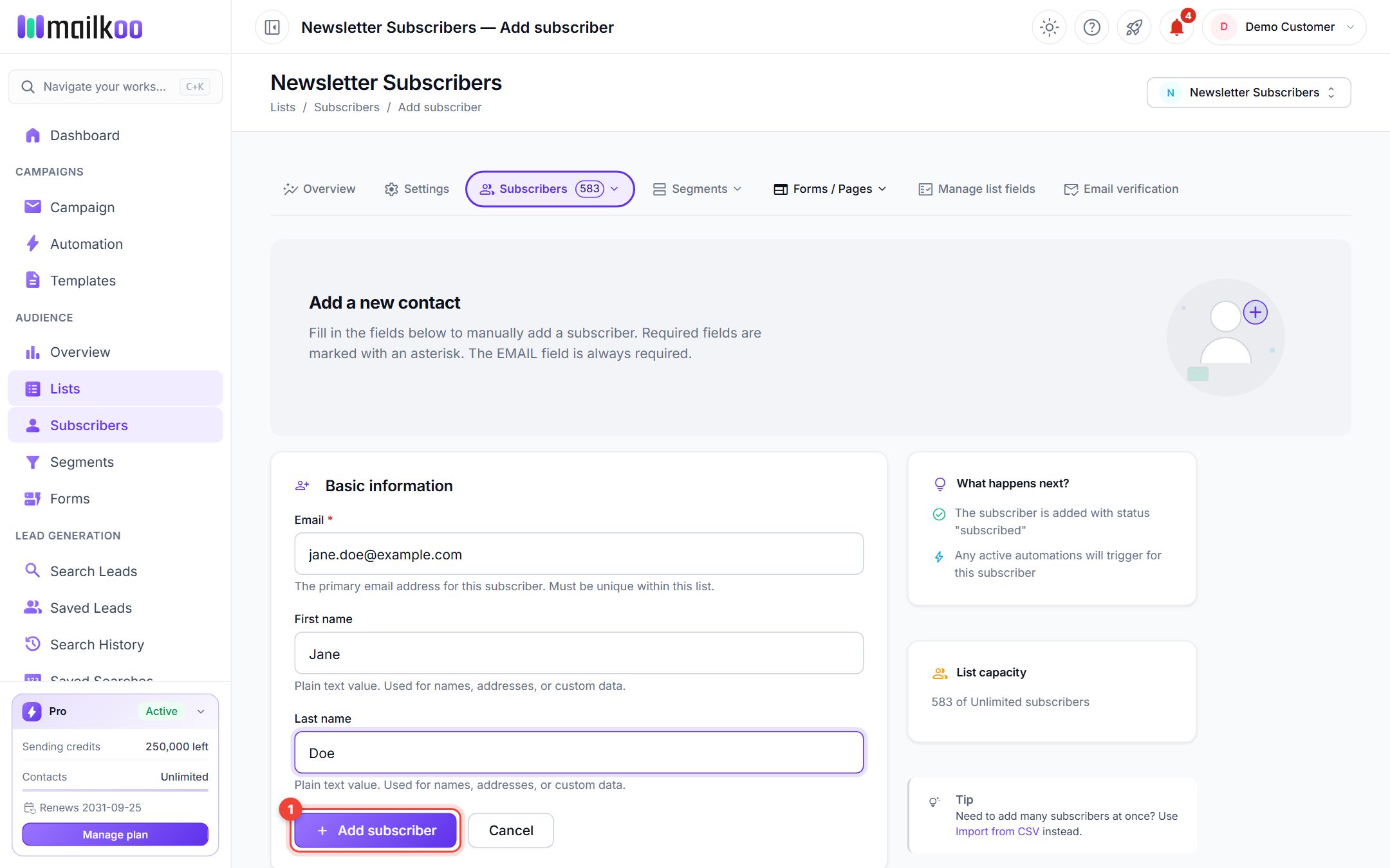 Add subscriber form with Email, First name and Last name filled in