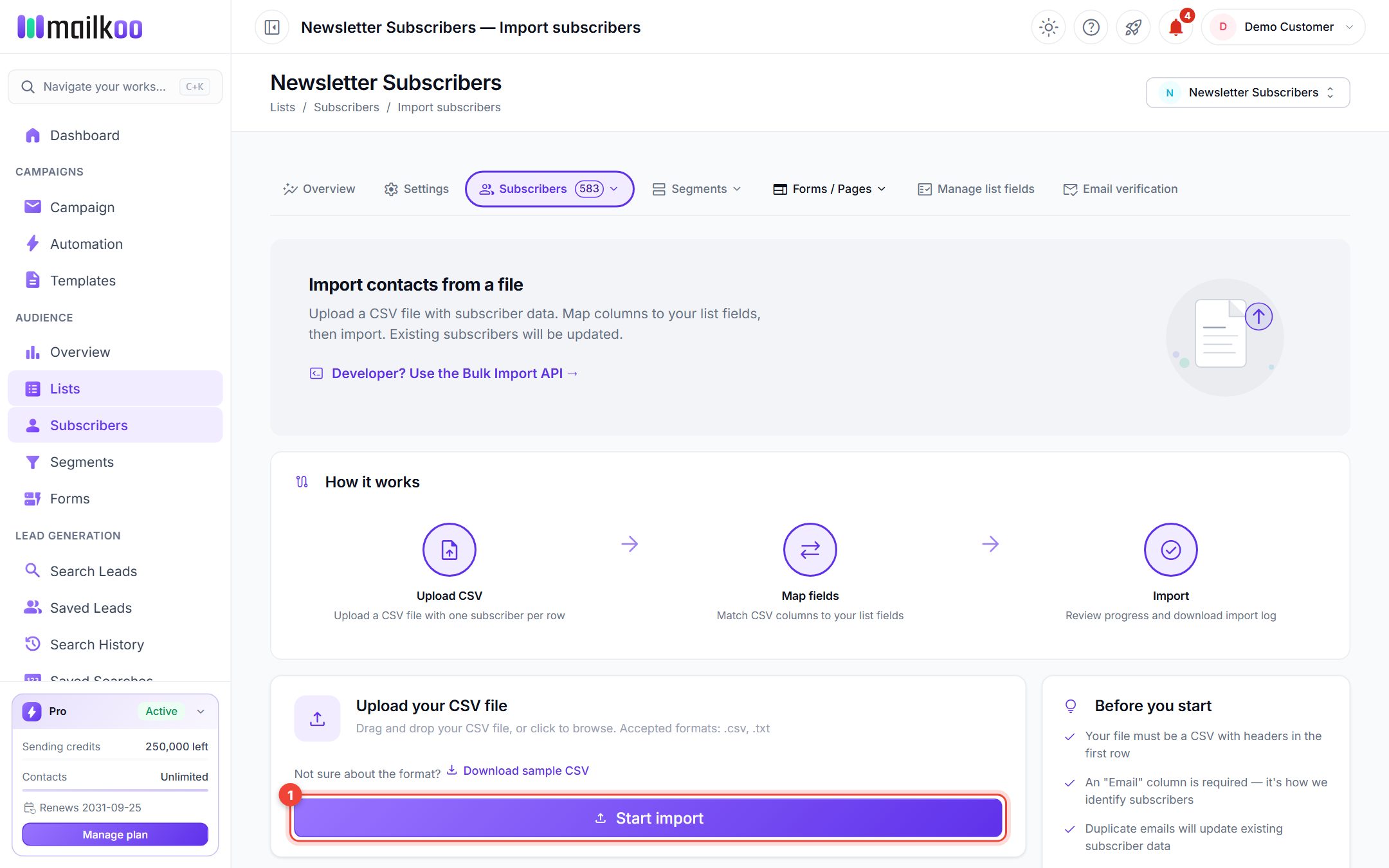 Import subscribers page with the Start import button highlighted