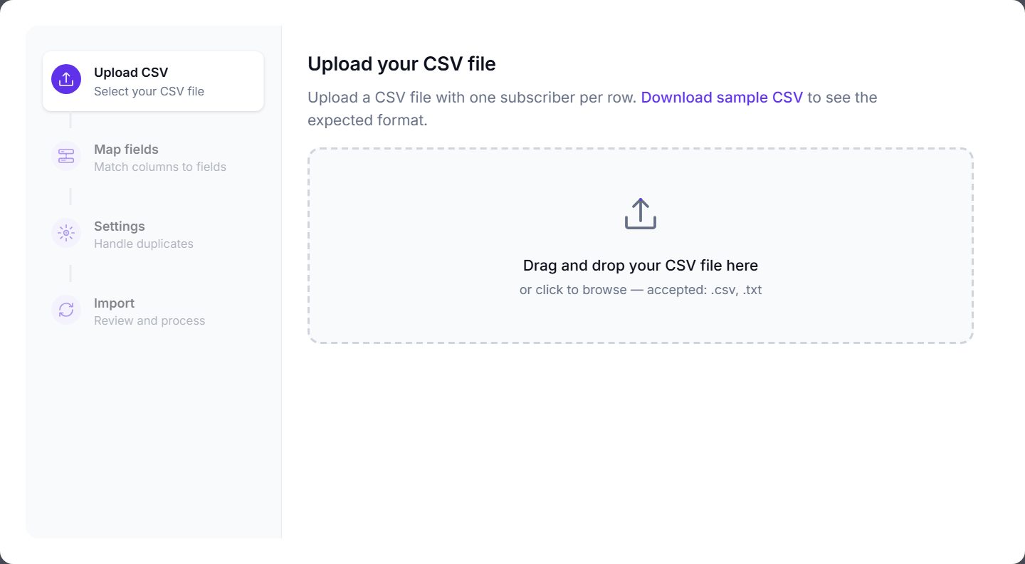 Import window on the Upload CSV step, showing the four steps on the left