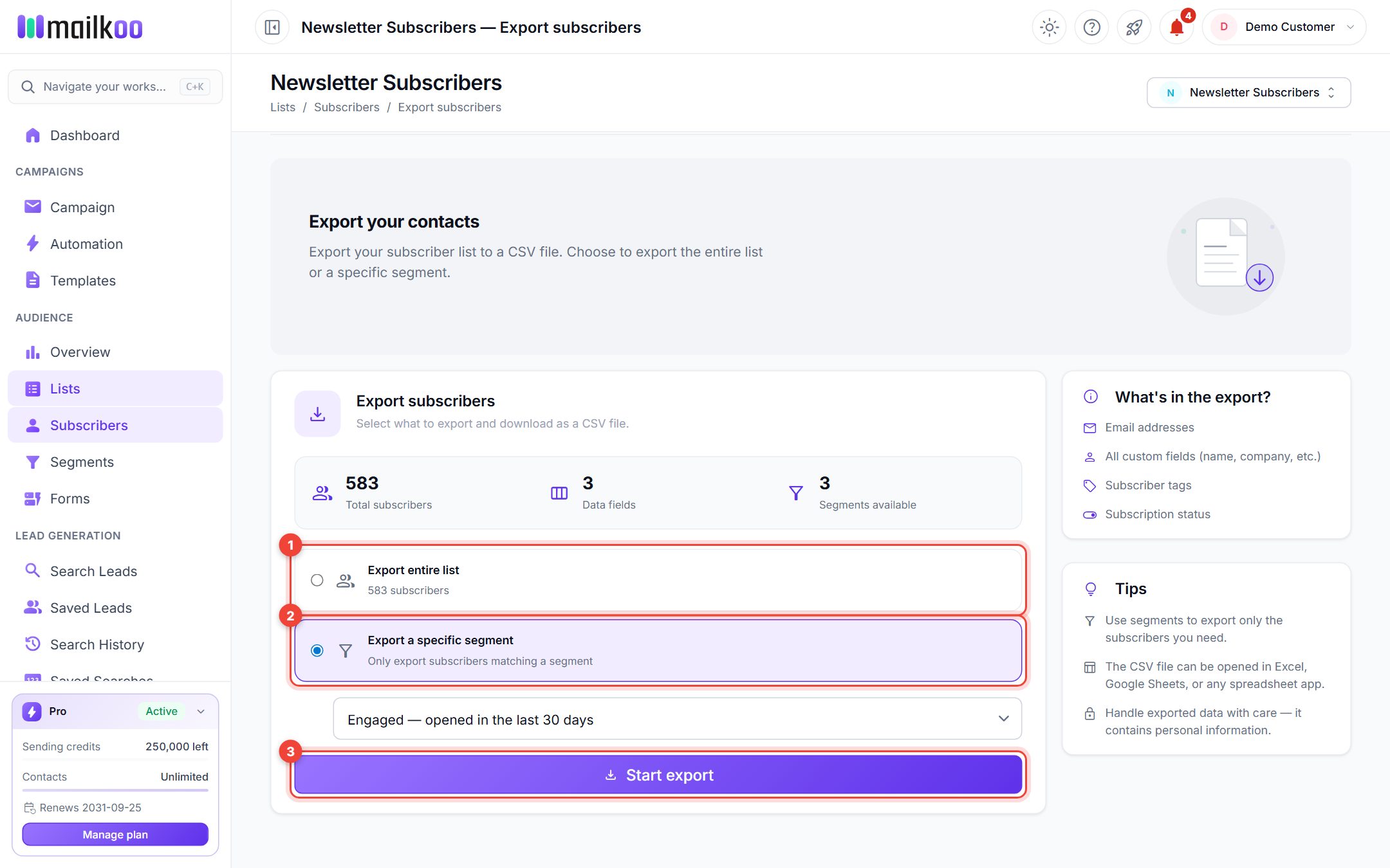 Export subscribers page with the two export options and the Start export button highlighted