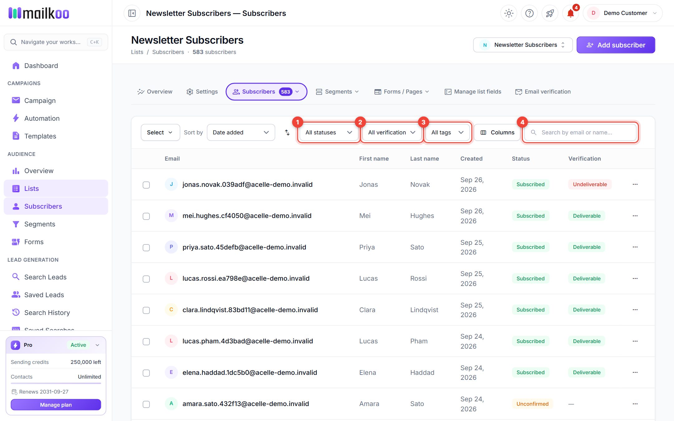 Subscriber table with the status filter, verification filter and search box highlighted