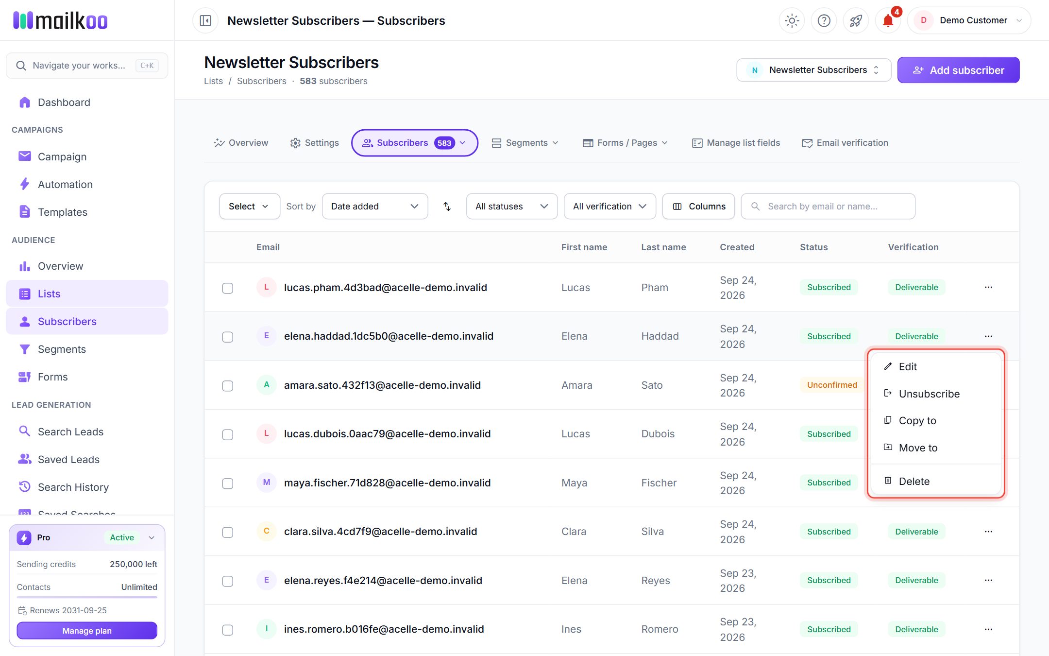 Row menu of a subscriber with Edit, Unsubscribe, Copy to, Move to and Delete