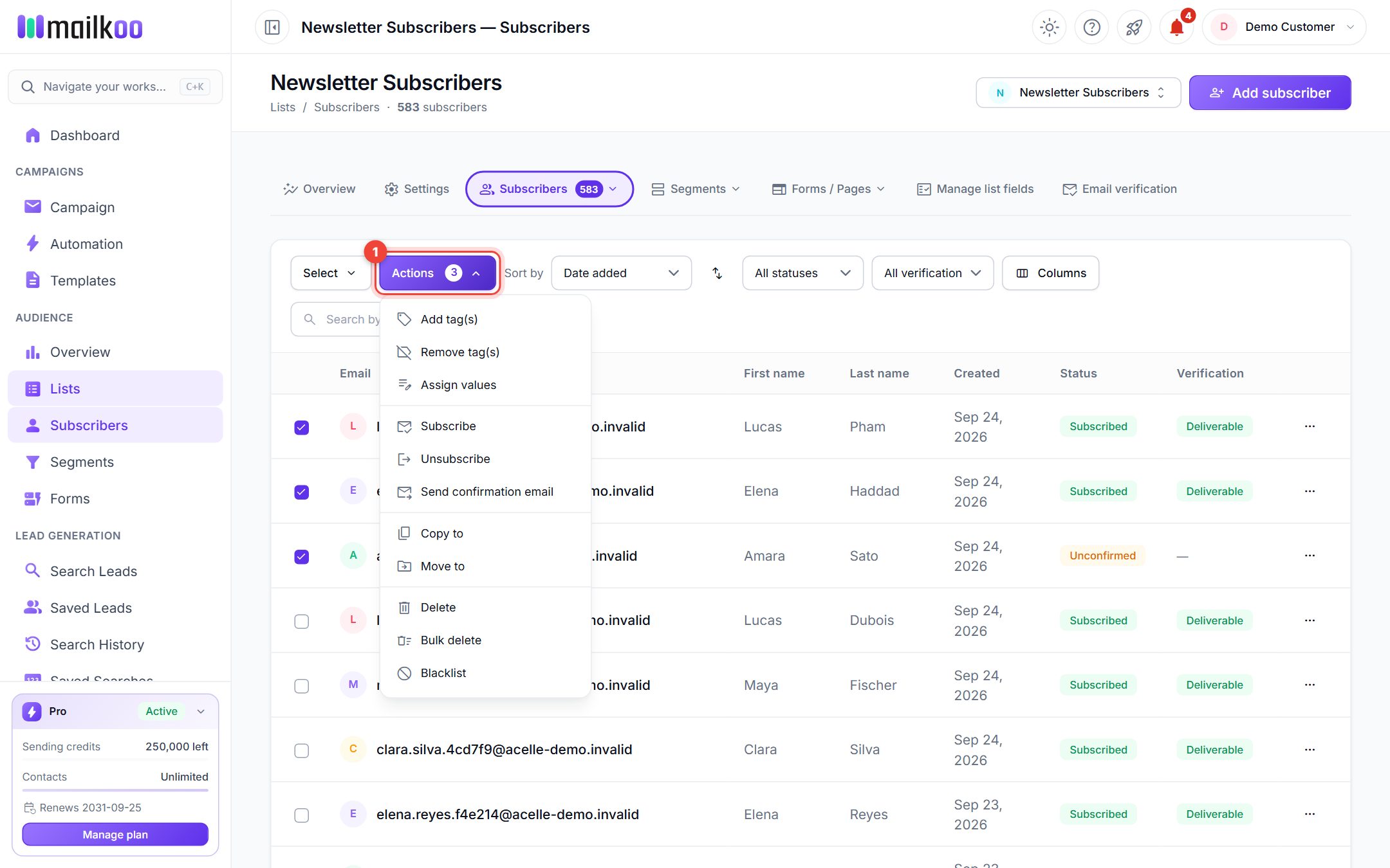 Three subscribers selected and the Actions menu open