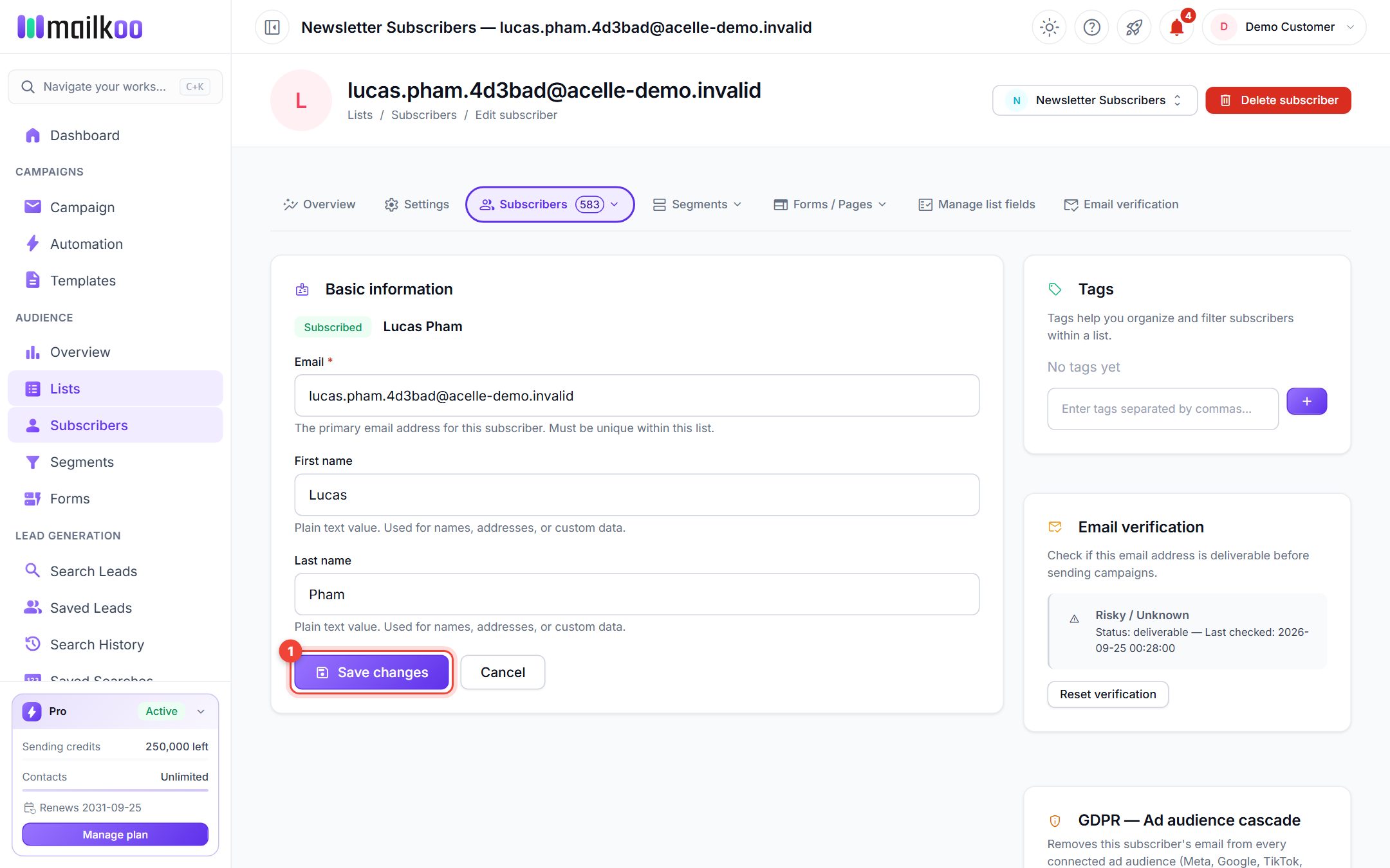 Subscriber profile with Basic information, Tags and Email verification