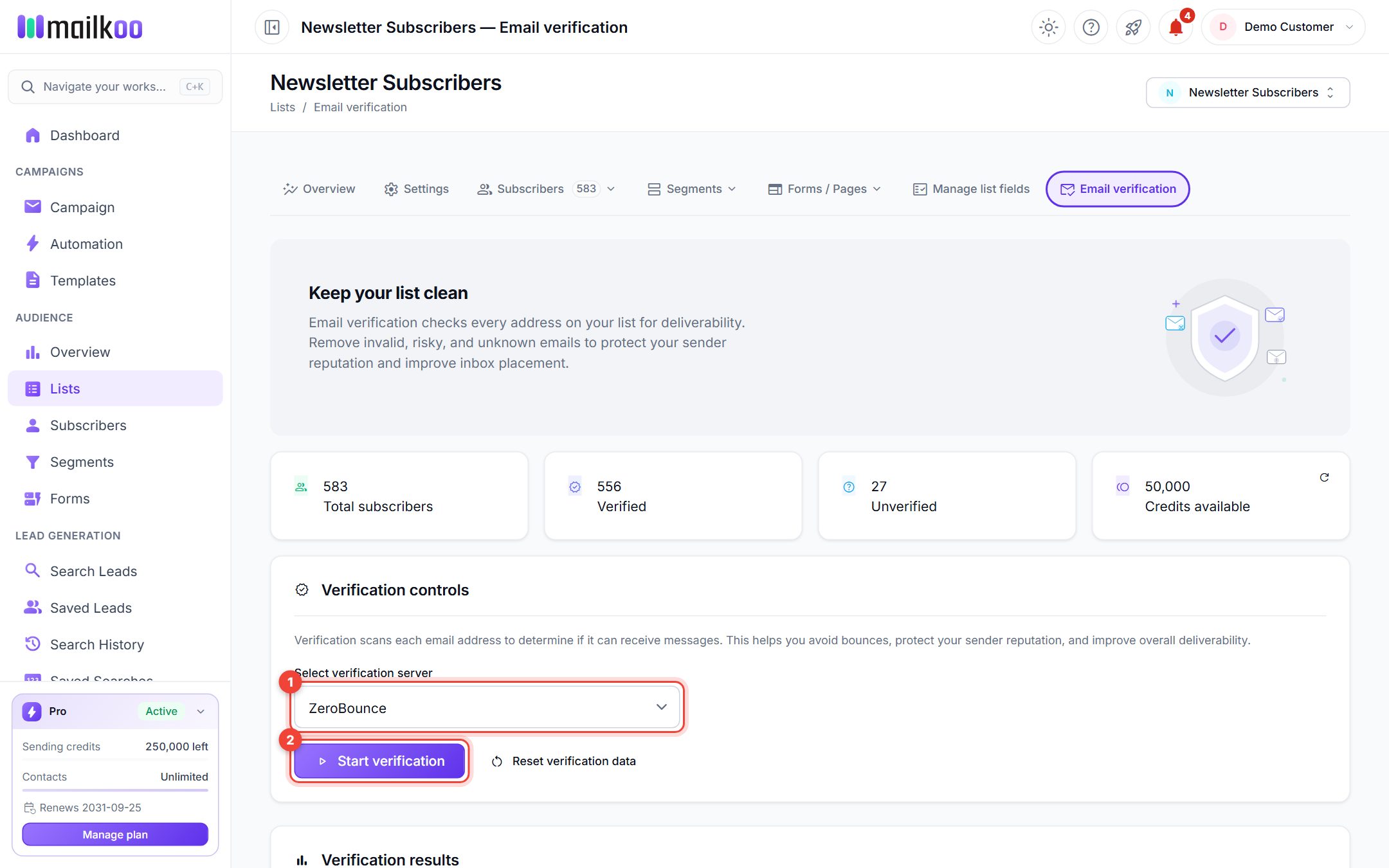 Email verification tab with the server picker and Start verification button highlighted