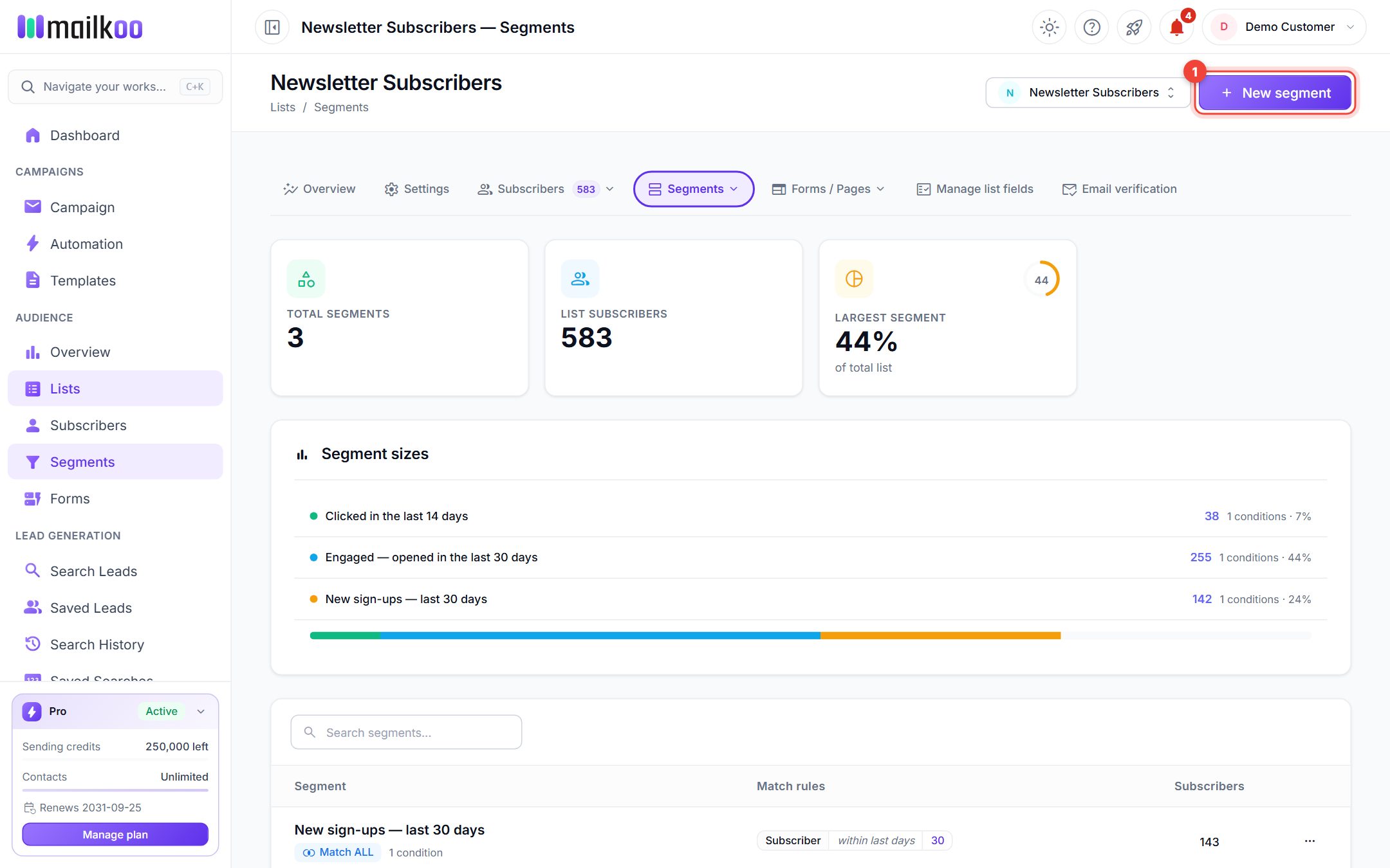 Segments page of a list with the New segment button highlighted