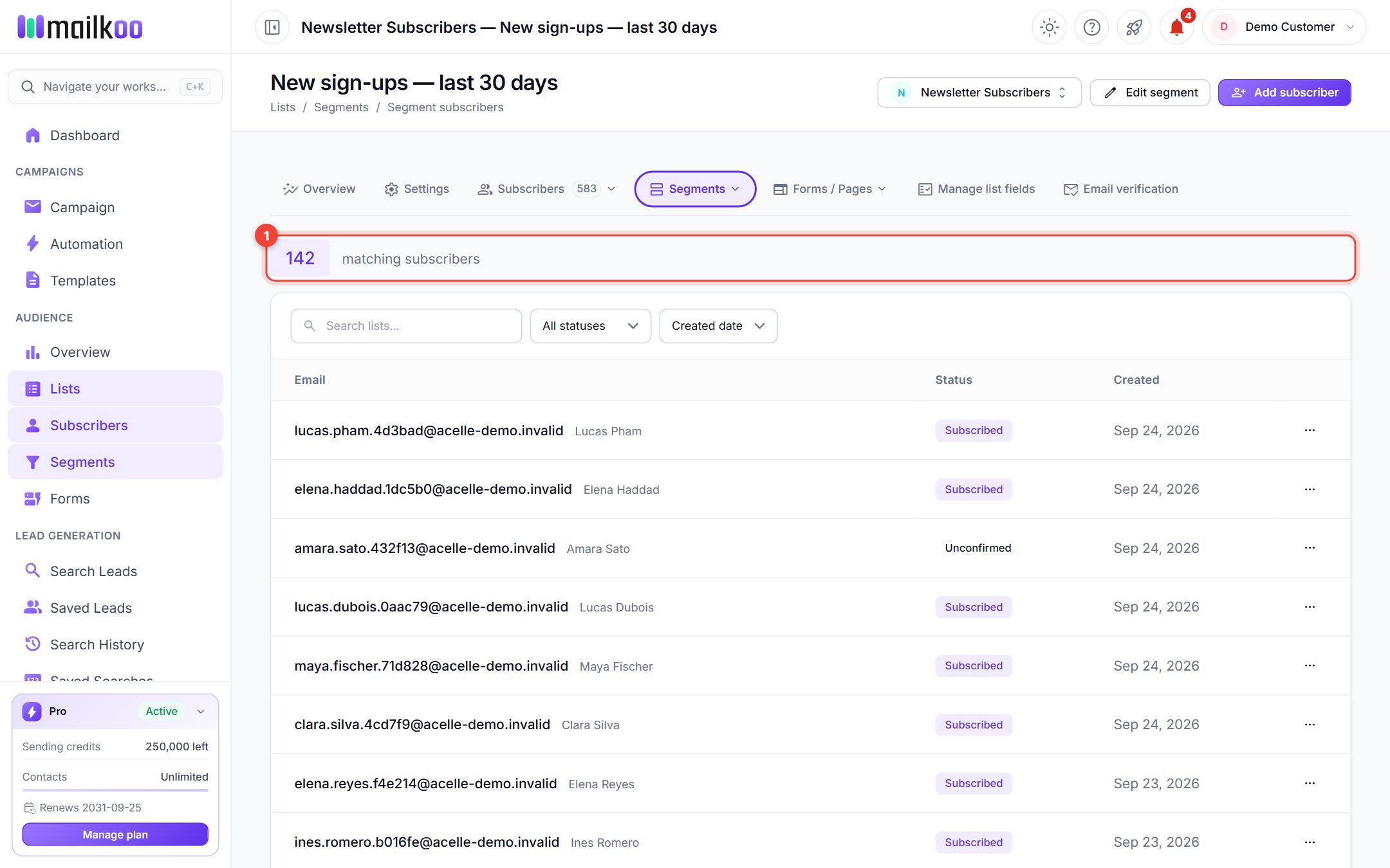 Segment subscribers page showing the number of matching subscribers
