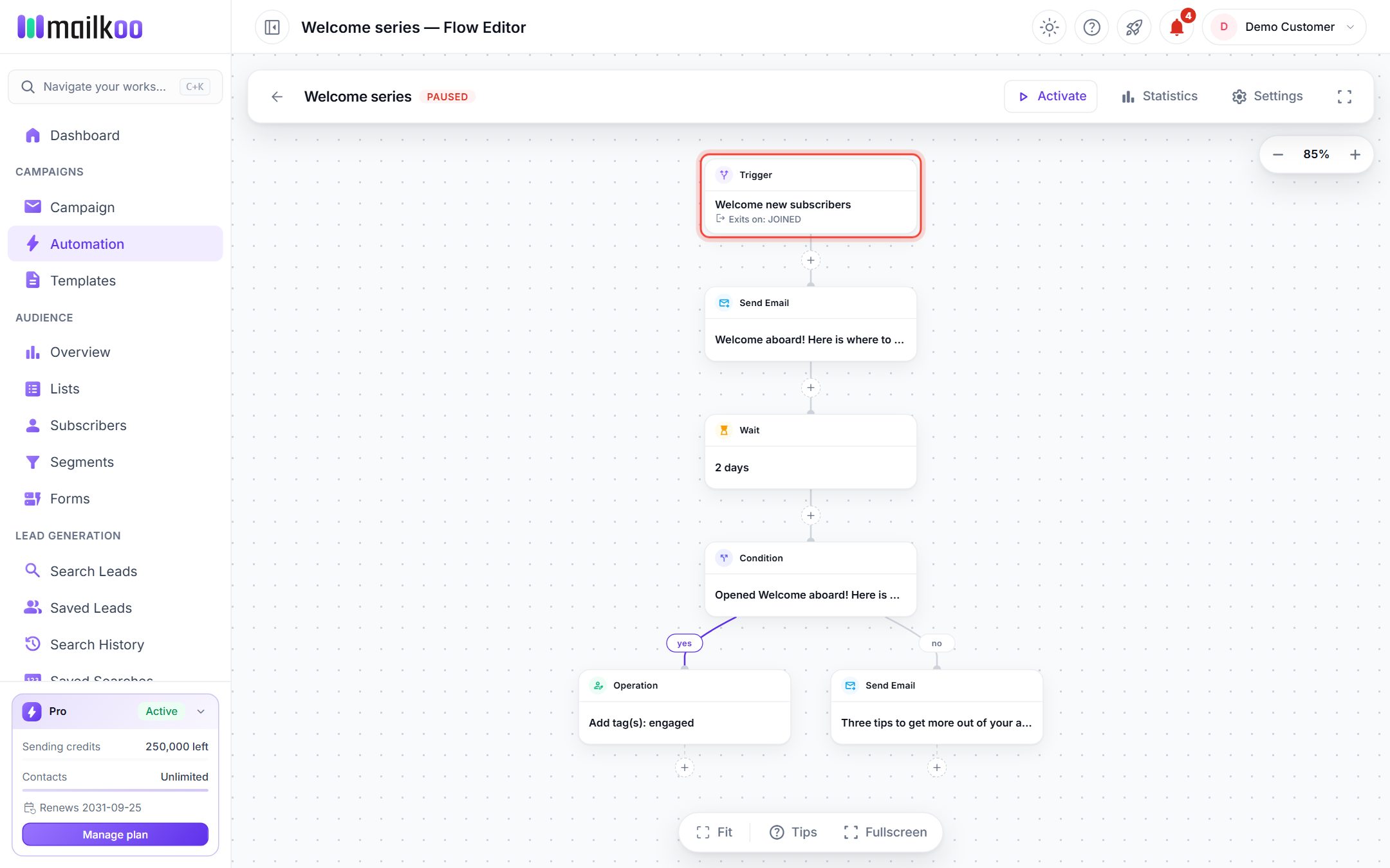 Flow editor with the Trigger card at the top of the flow highlighted