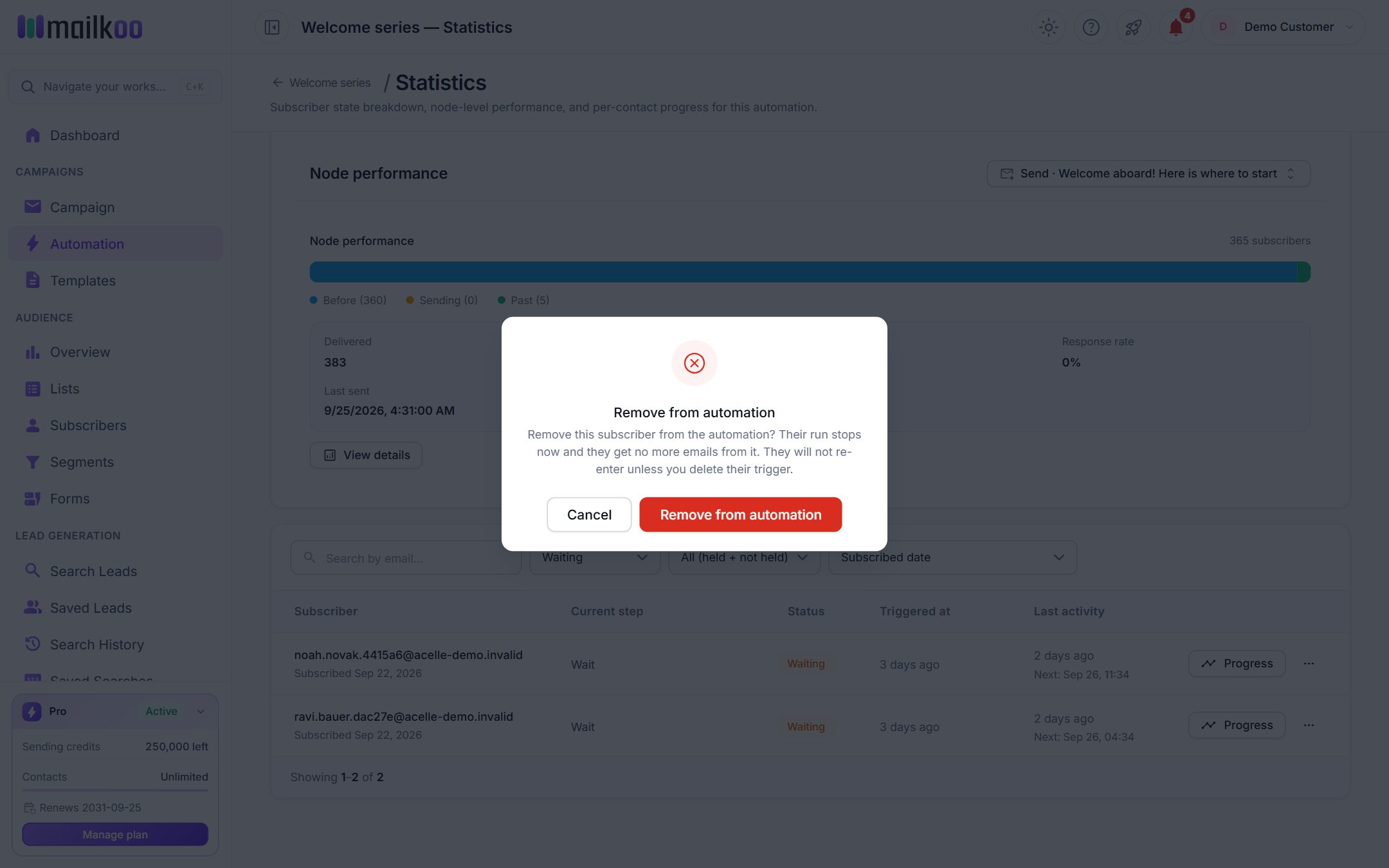 Confirmation dialog titled Remove from automation