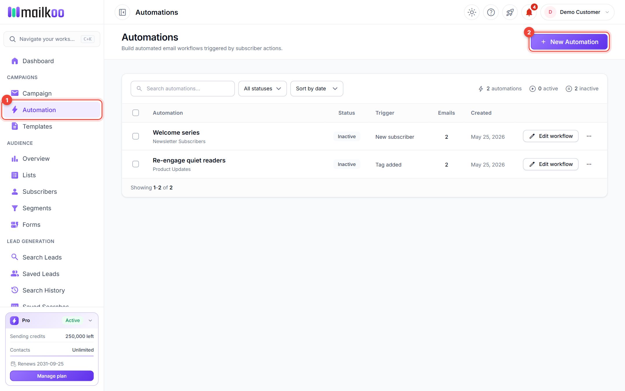 Automations list with the Automation menu item and the New Automation button highlighted