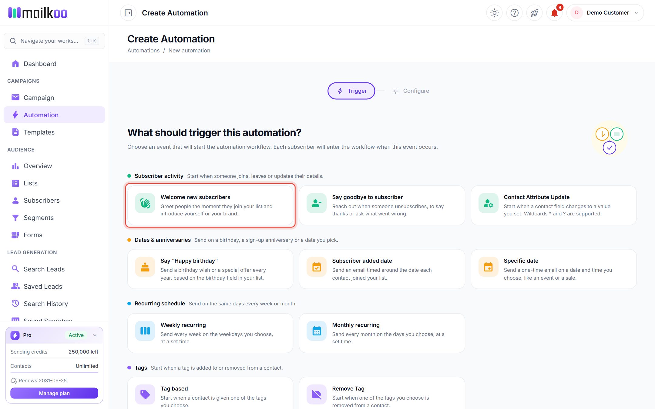 The trigger picker with the Welcome new subscribers card highlighted
