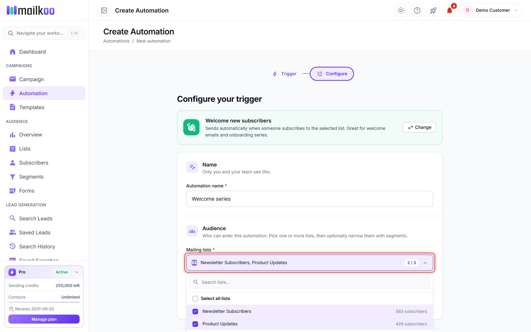 The Configure step with two mailing lists ticked in the Mailing lists picker