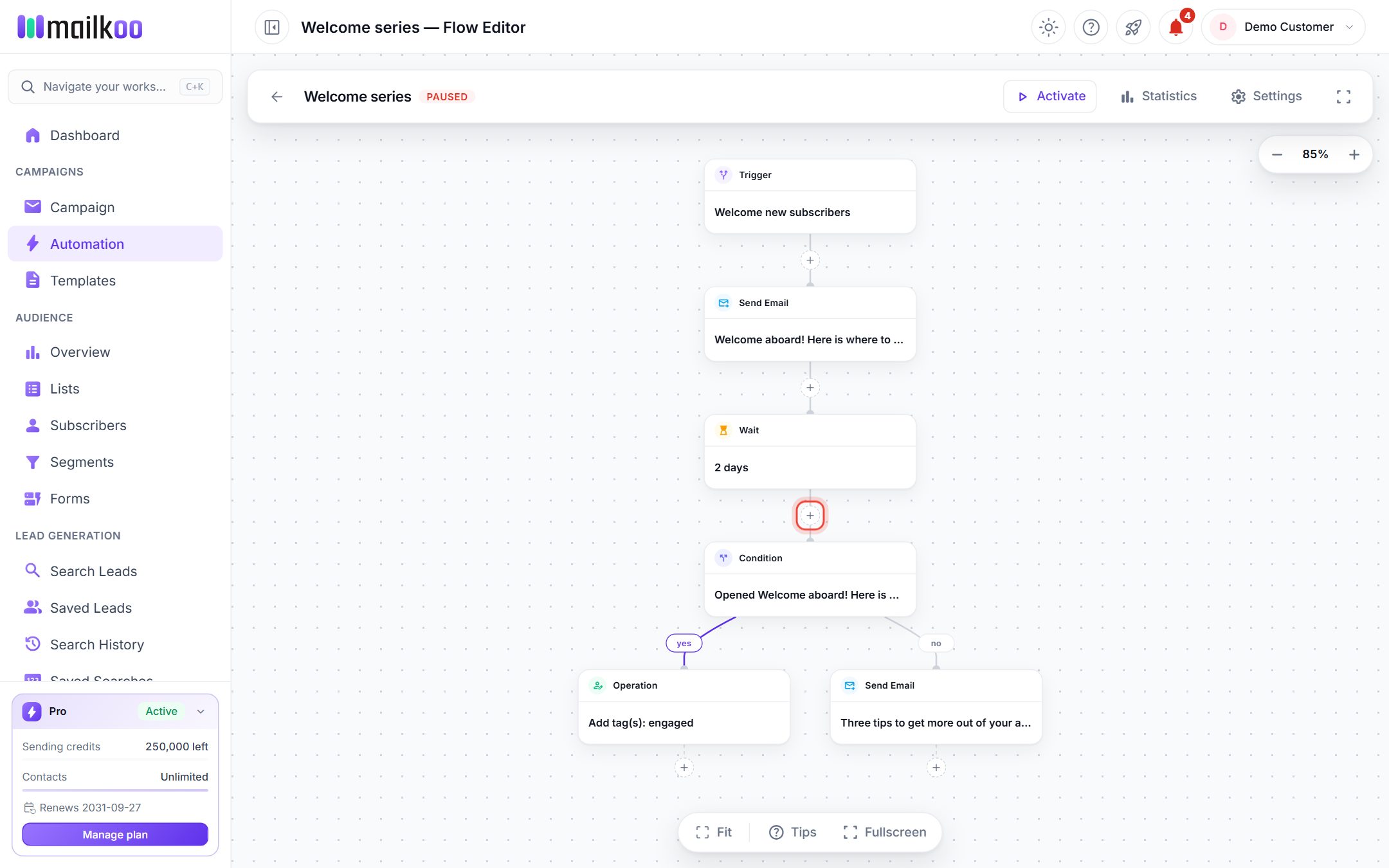 The flow editor showing the Welcome series workflow, with a plus button highlighted between two steps