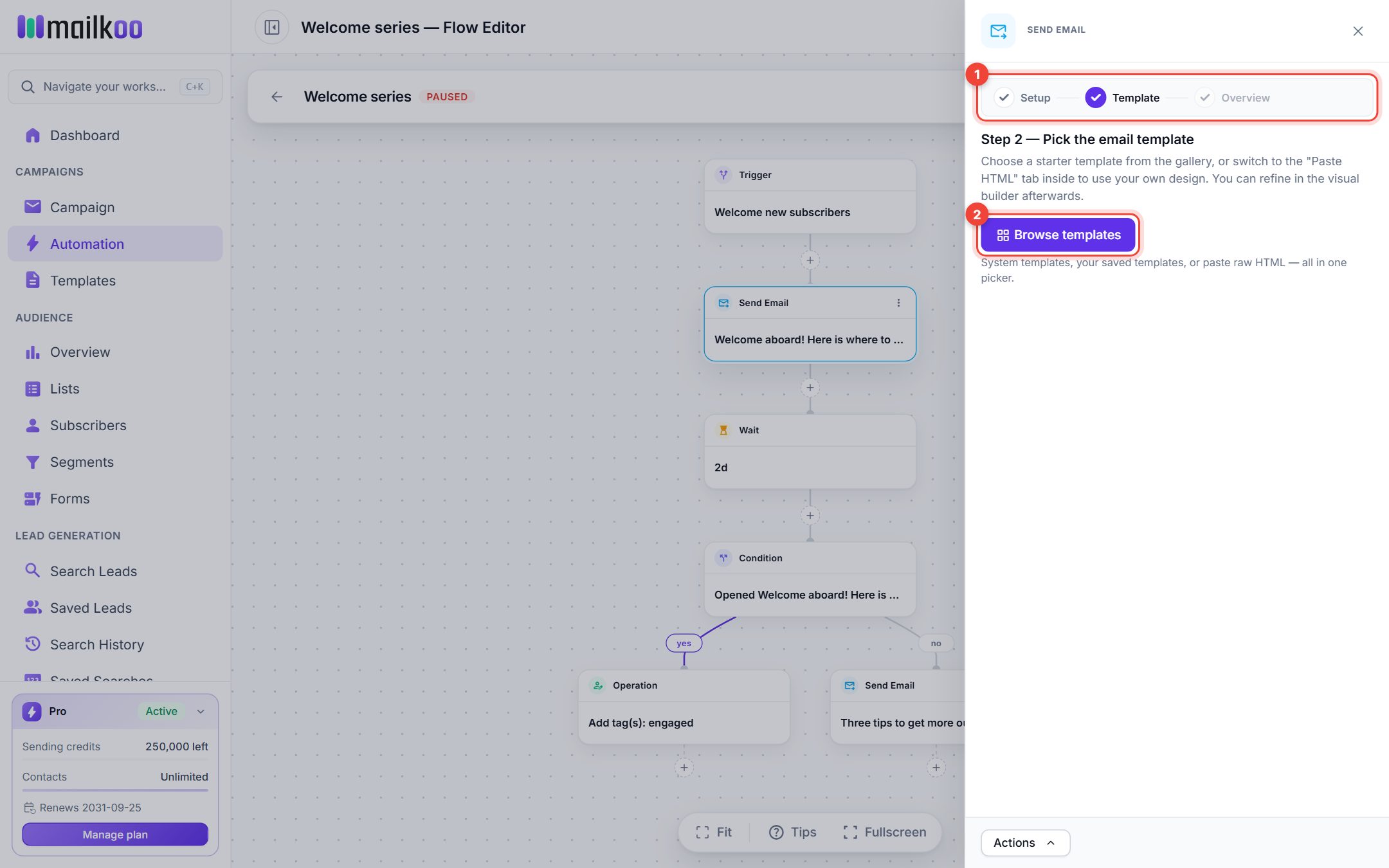 The Send email panel on the Template stage with the stage bar and Browse templates highlighted