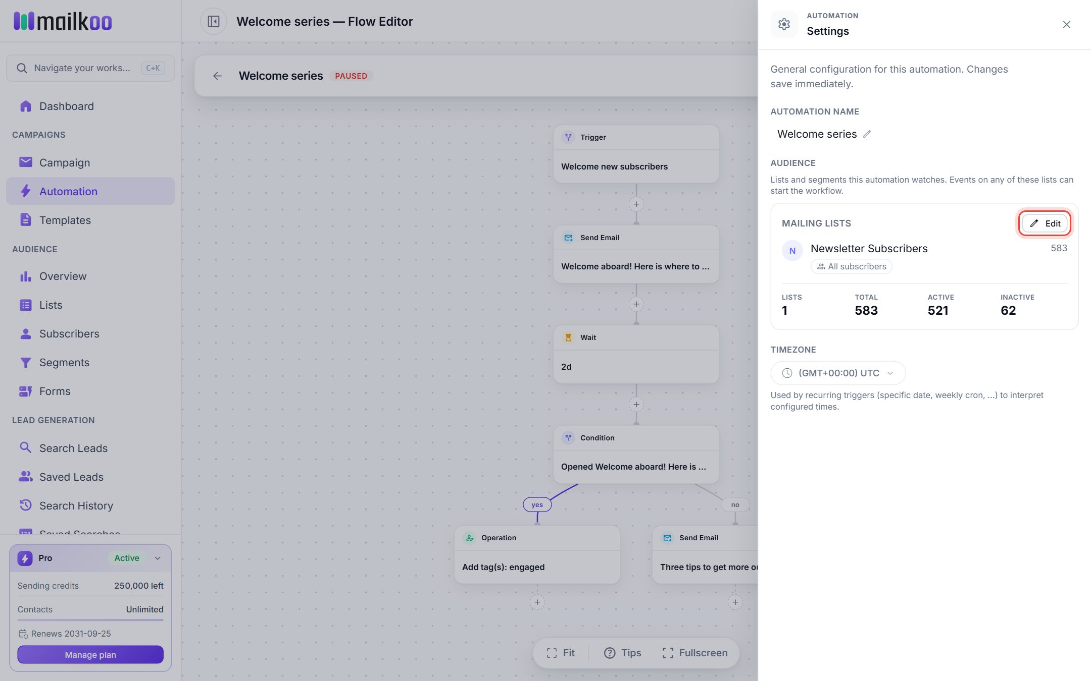 The Settings panel showing the automation name, its audience and timezone, with the Edit button highlighted