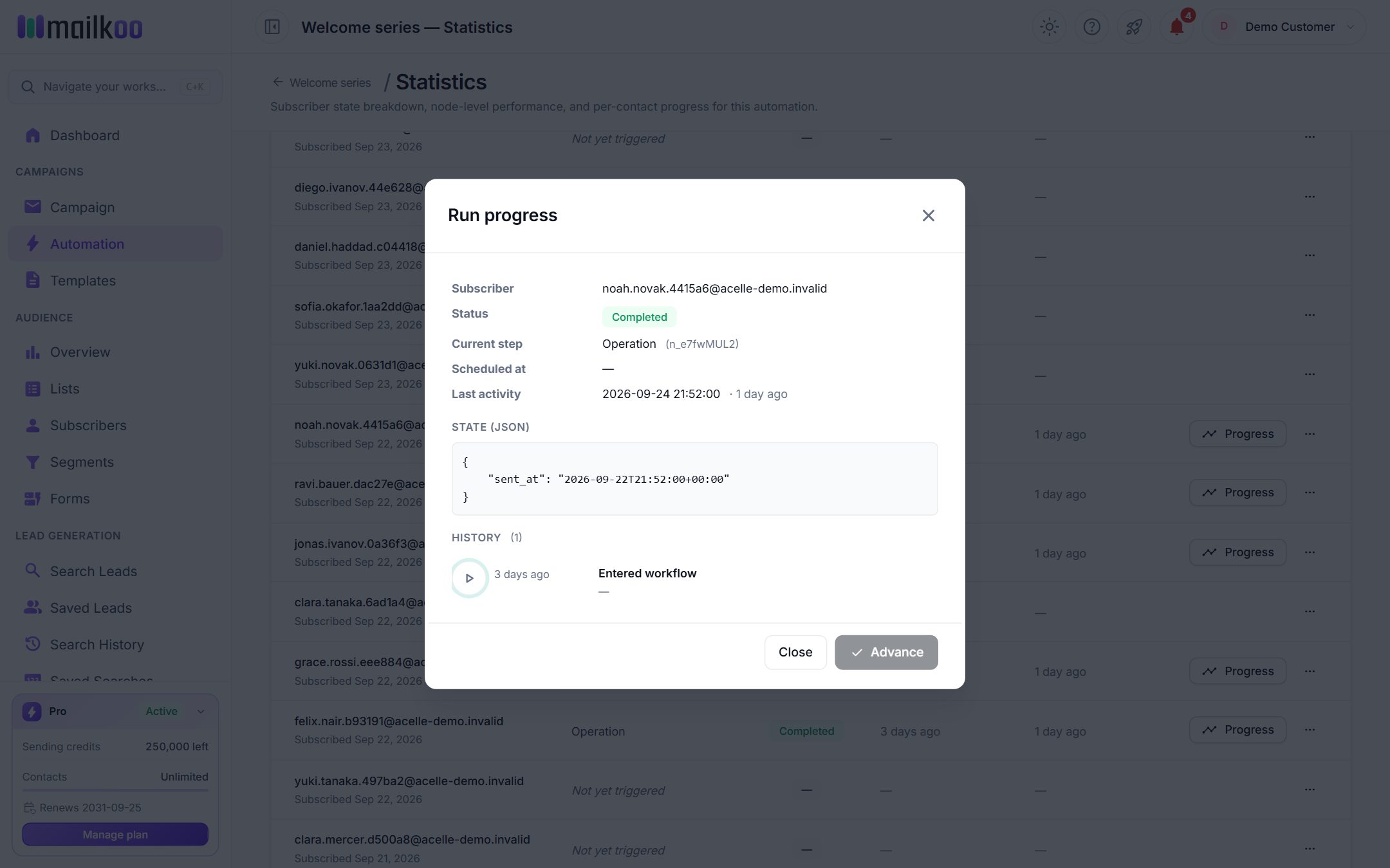 The Run progress dialog for one contact